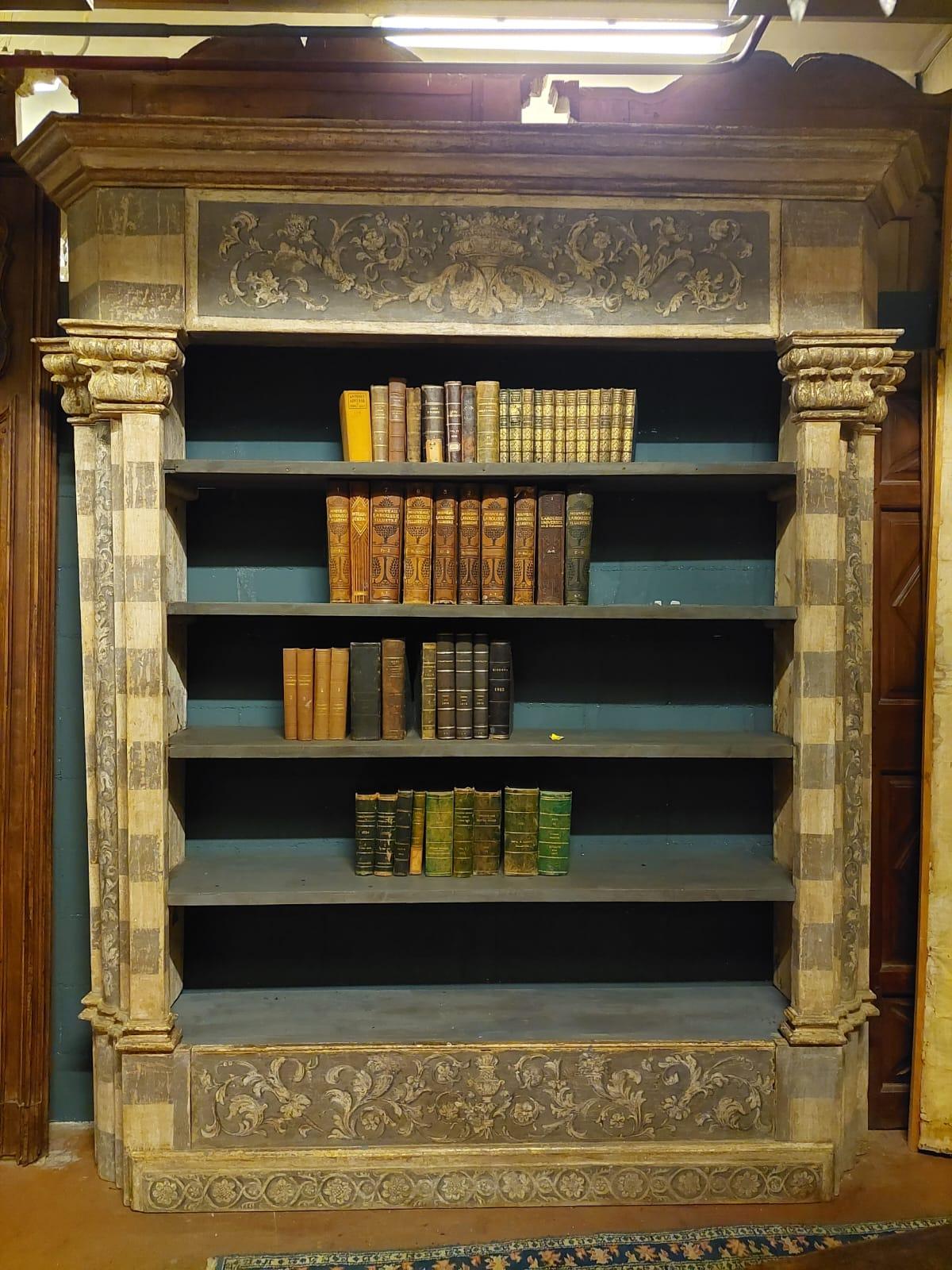Antique library bookcase, built with painted and sculpted portal, Florence Italy For Sale 3