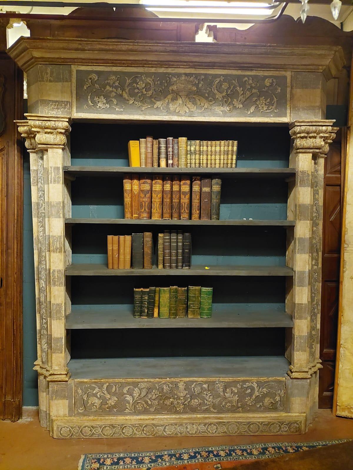 Antique library bookcase, built with painted and sculpted portal, Florence Italy For Sale 4