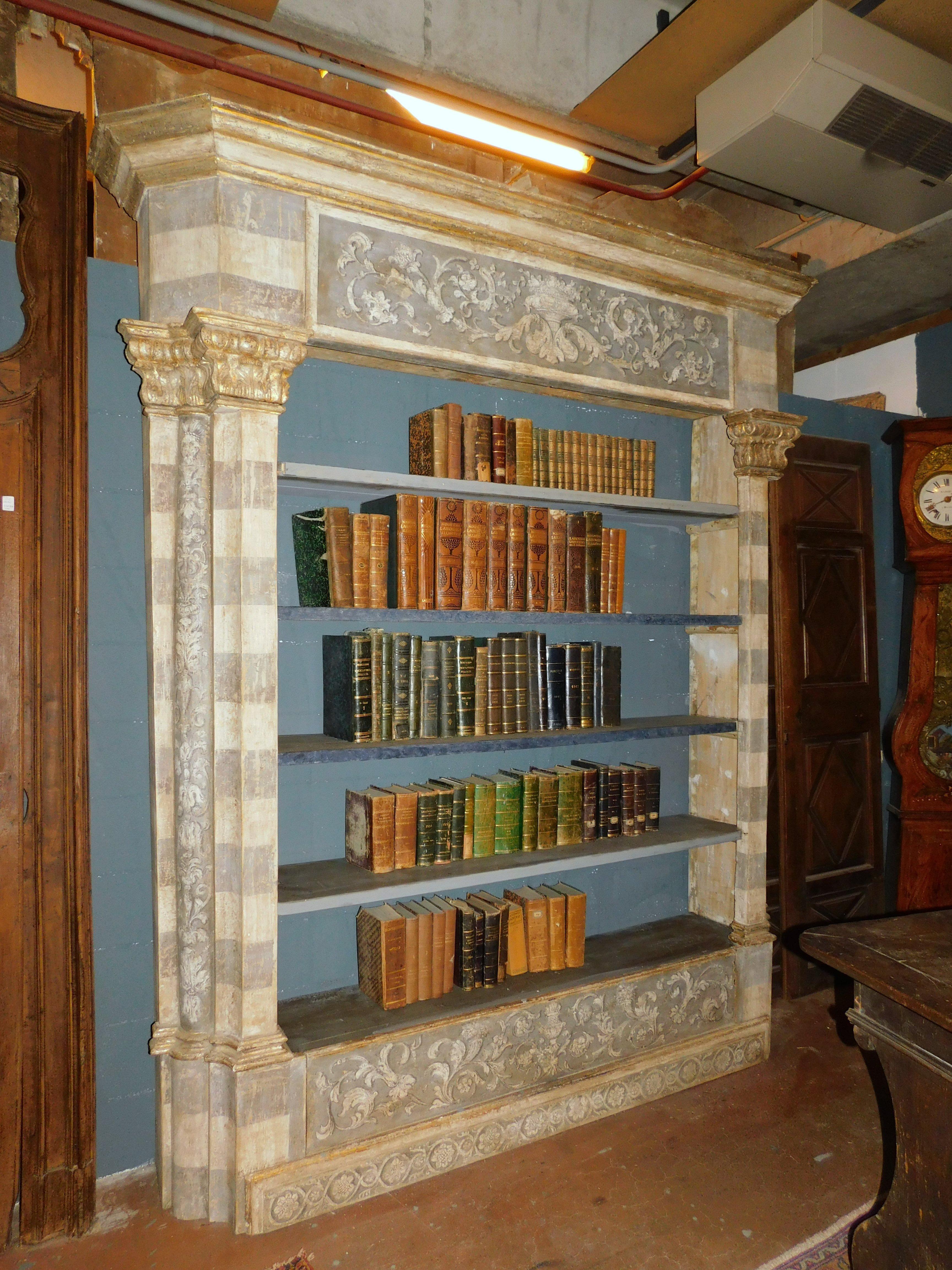 20th Century Antique library bookcase, built with painted and sculpted portal, Florence Italy For Sale