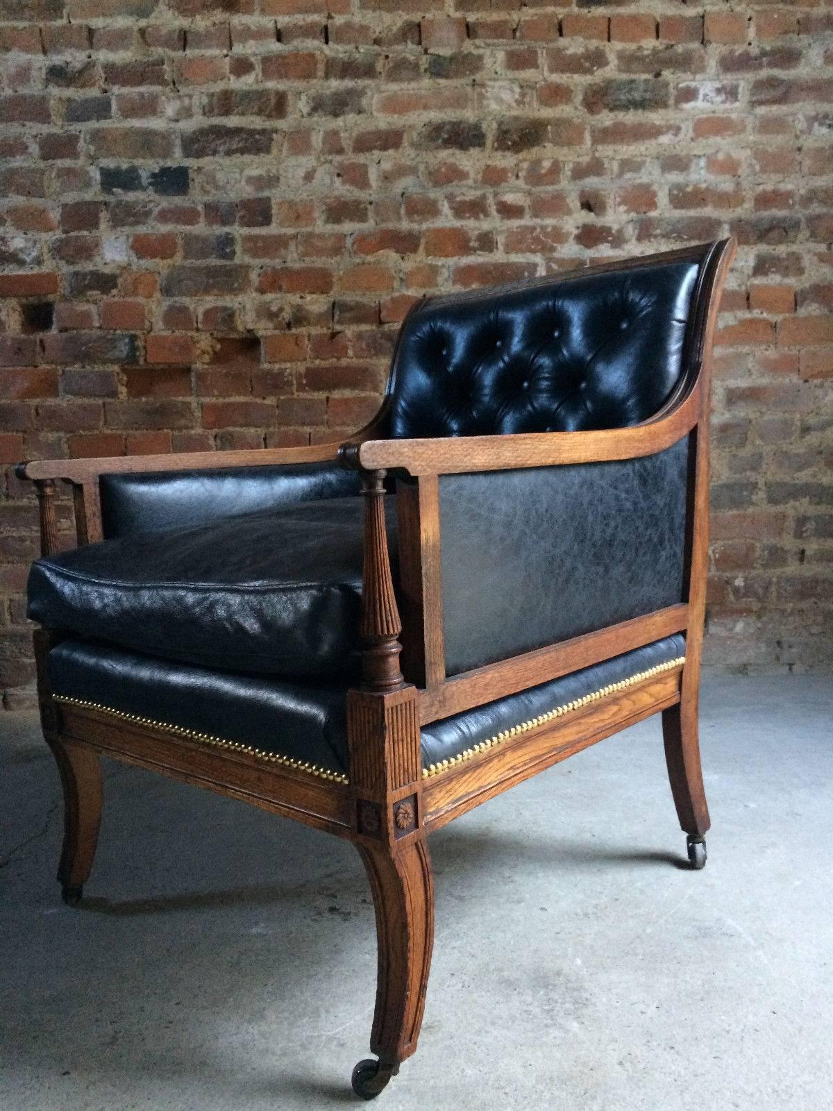 Antique Library Chair Lounge Club Leather Oak Early Victorian, 1840 In Excellent Condition In Longdon, Tewkesbury