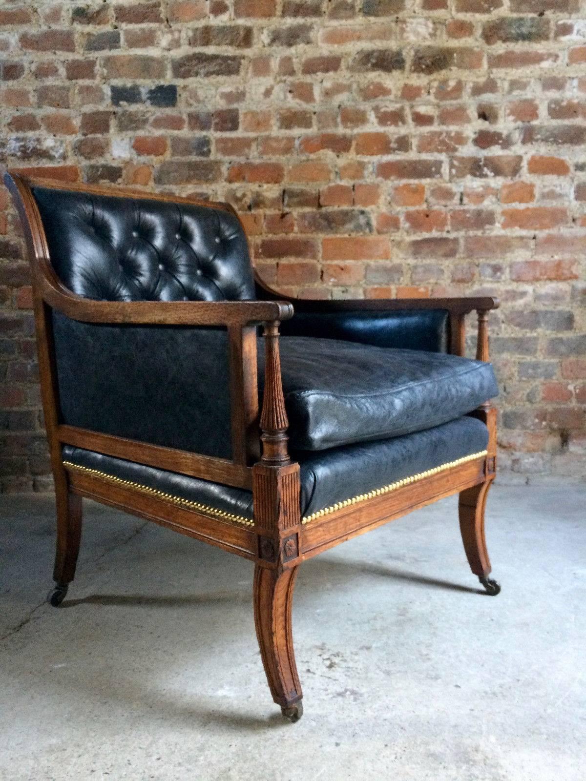 19th Century Antique Library Chair Lounge Club Leather Oak Early Victorian, 1840