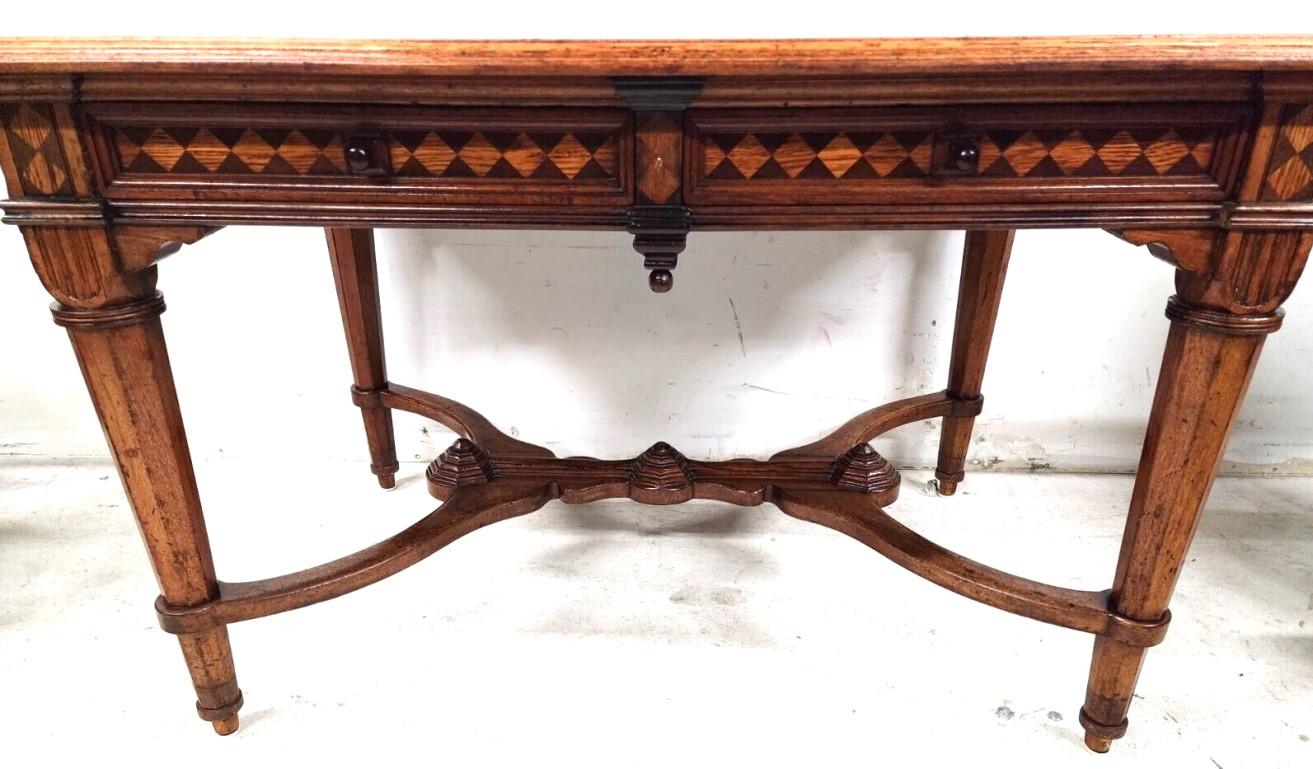 Antique Library Dining Table English 4 Drawer w Glass Top In Good Condition For Sale In Lake Worth, FL