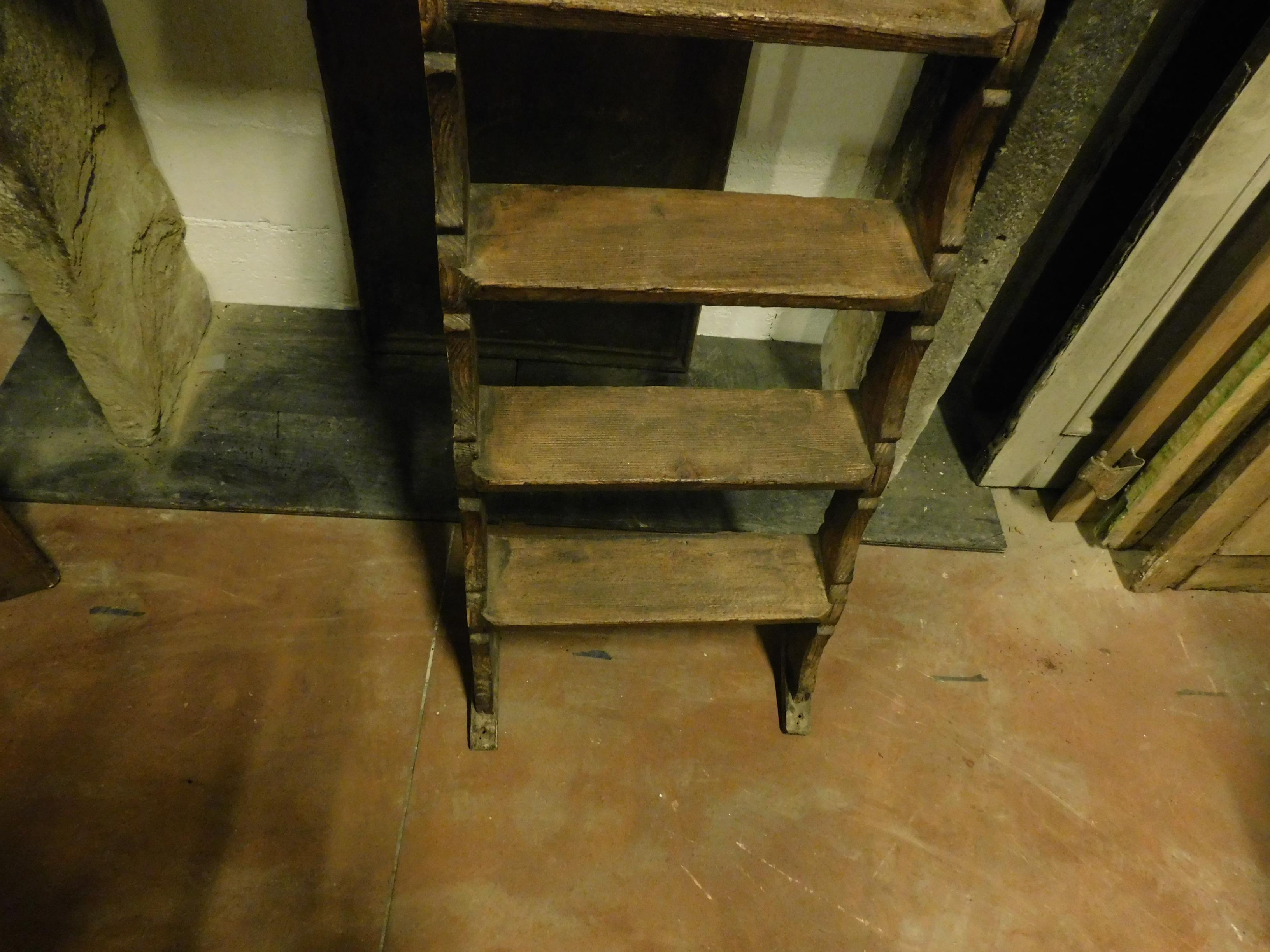 Antique Library Ladder, Brown Larch with Moved Bar, 1800, Italy 2