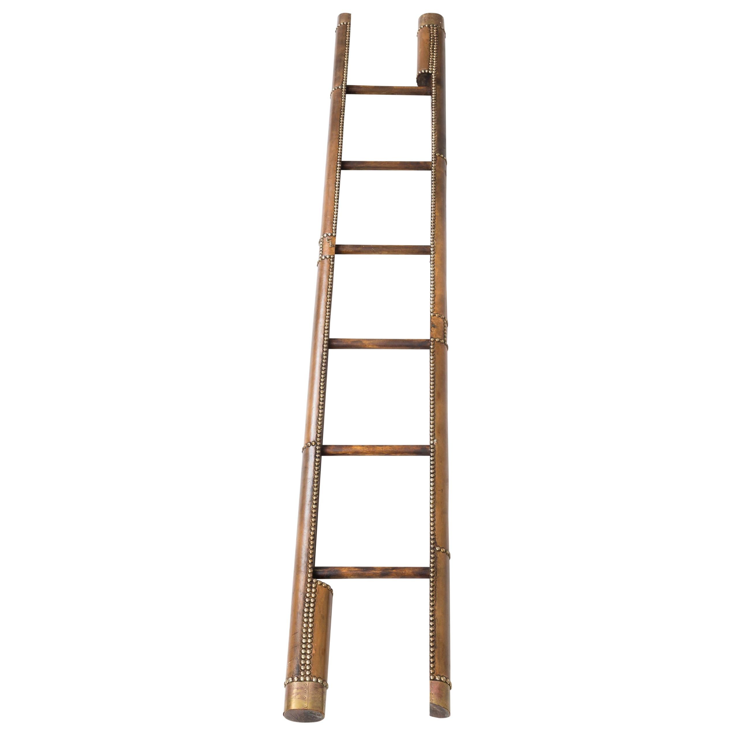 Antique Library Leather Covered Pole Ladder For Sale