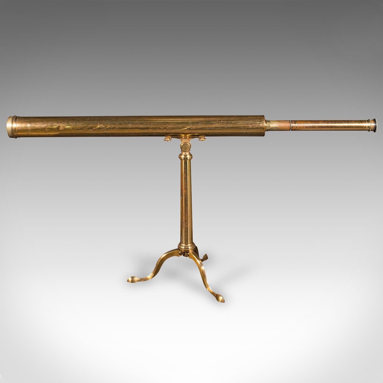 This is an antique library telescope. An English, brass astronomical mounted refractor by Dollond of London, dating to Victorian period, circa 1880.

Perfect for bird watching, landscape appreciation, wildlife stalking, or maritime observation.