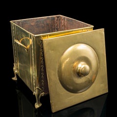 Antique Lidded Coal Scuttle, English Brass, Fireside, Log, Fuel Store, Victorian