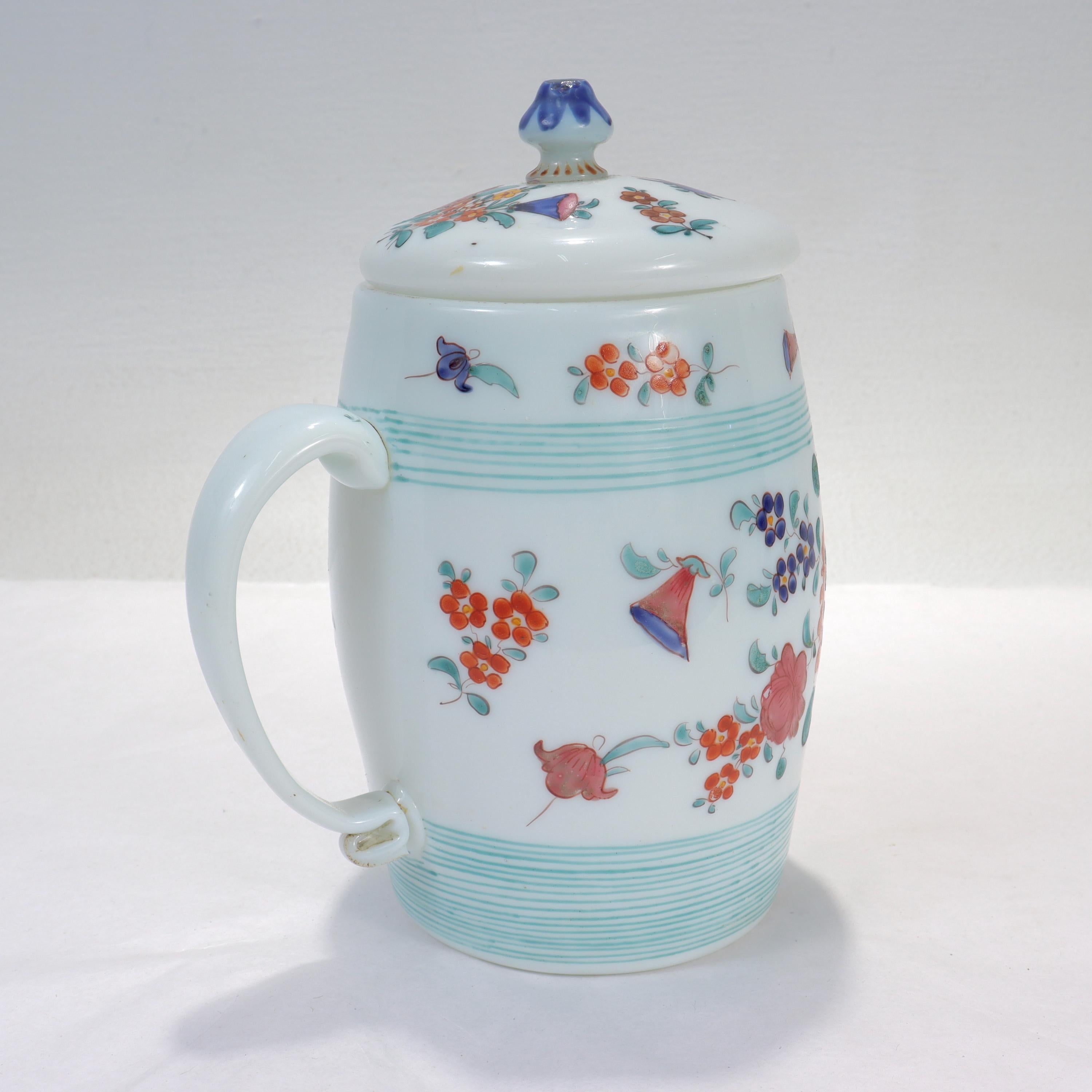 Unknown Antique Lidded Continental Enamel Painted Milk Glass (Milchglas) Beer Stein  For Sale