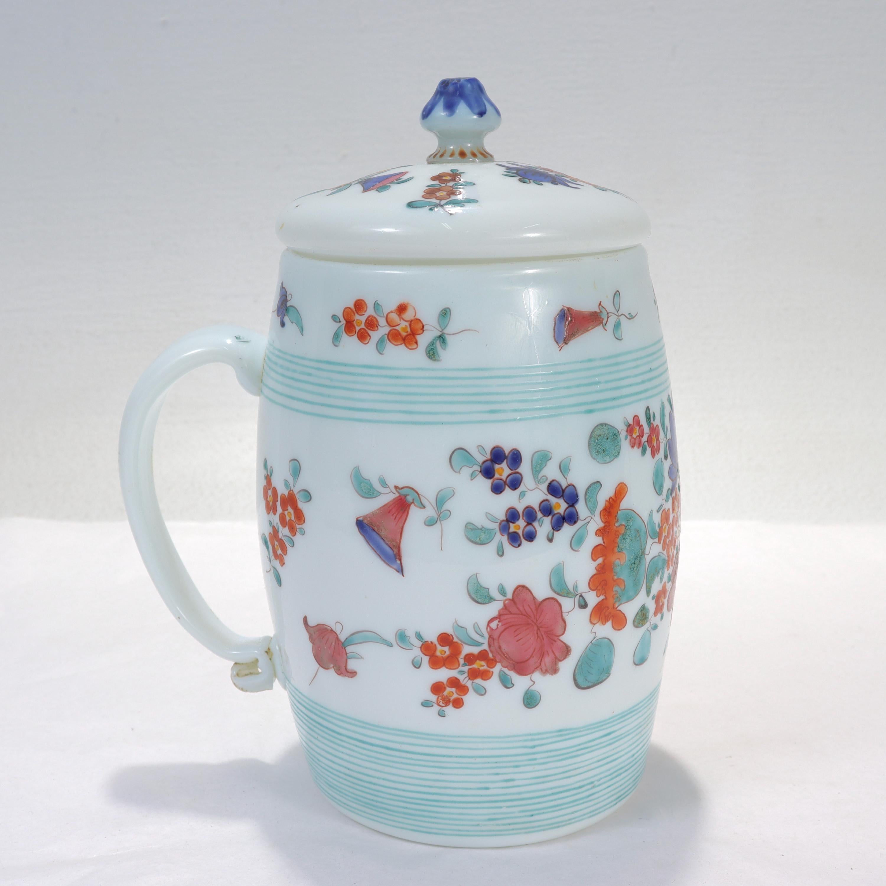 Antique Lidded Continental Enamel Painted Milk Glass (Milchglas) Beer Stein  In Good Condition For Sale In Philadelphia, PA