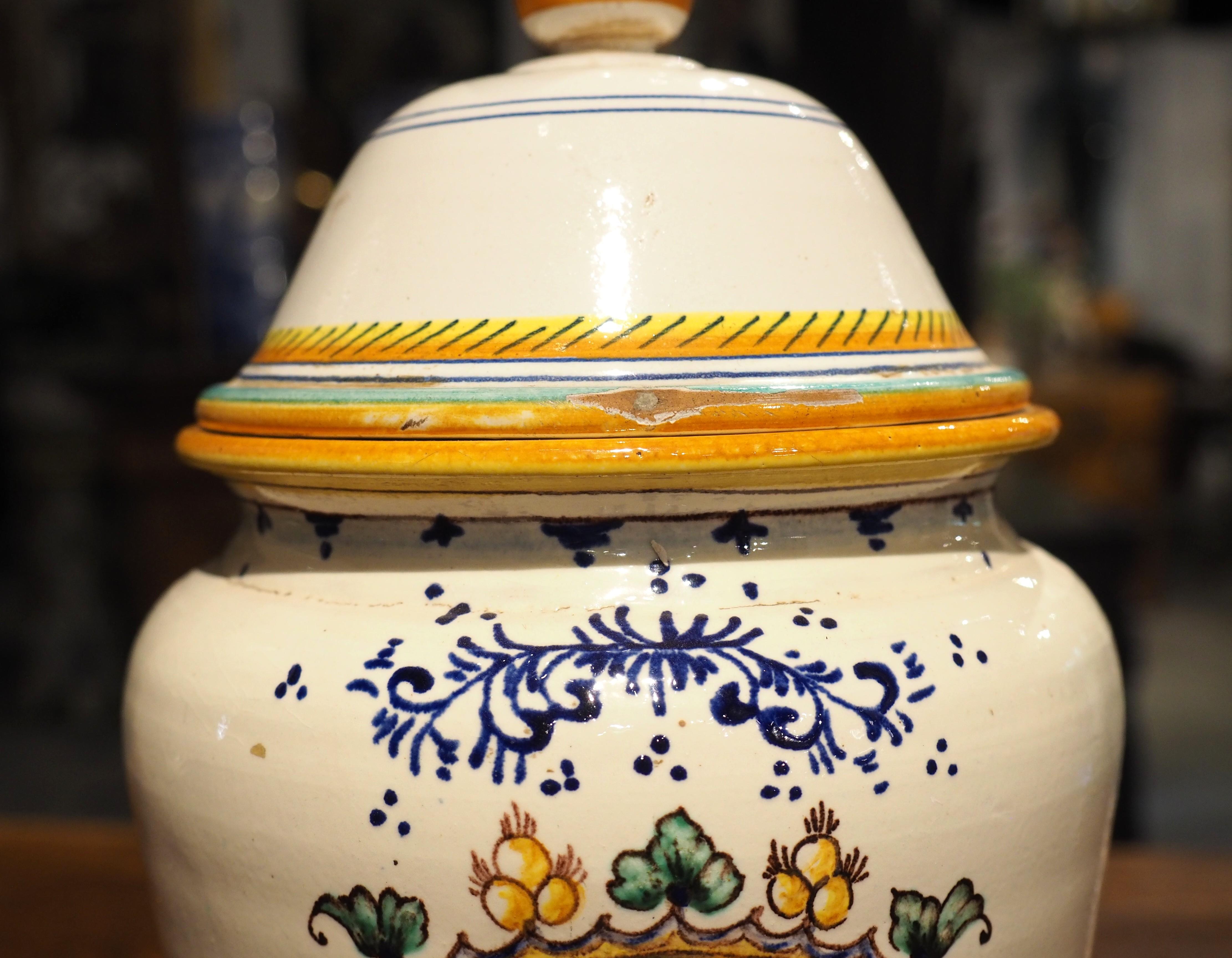 XIX secolo Antico vaso da farmacia italiano con coperchio e stemma dei leoni rampanti, XIX C. in vendita