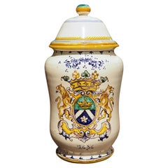 Antique Lidded Italian Apothecary Jar with Rampant Lions Coat of Arms, 19th C.
