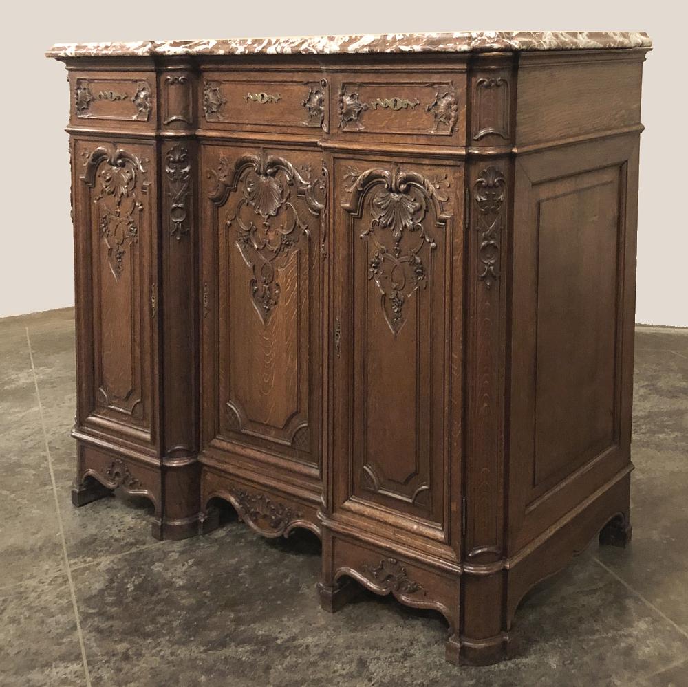 Antique Liegoise Louis XIV marble top buffet is a splendid example of the extraordinary quality in both materials and craftsmanship for which the region has been world-renowned for many centuries! Utilizing seasoned white oak, the artisans carefully