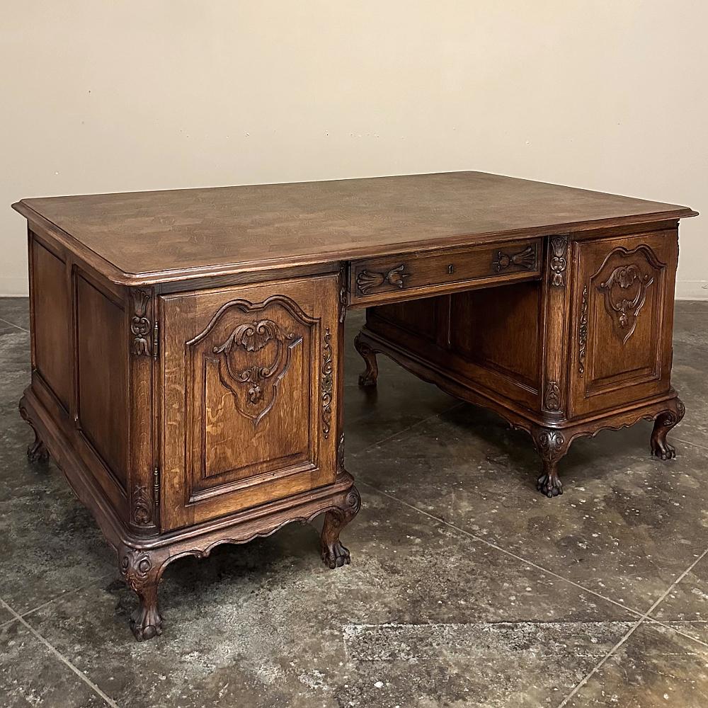 Belgian Antique Liegoise Louis XIV Oak Parquet Partner's Desk For Sale