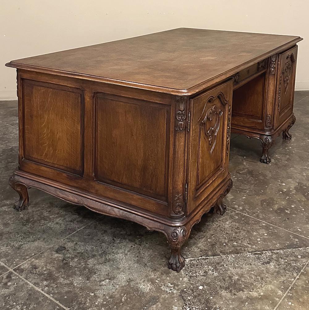 Hand-Crafted Antique Liegoise Louis XIV Oak Parquet Partner's Desk For Sale