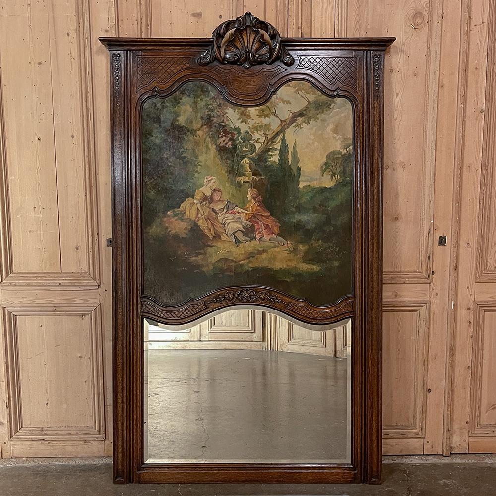 Antique Liegoise Louis XIV Trumeau with Romantic Painting will make an instant focal centerpiece for any room! Timeless styling embraced by the court of the Sun King includes a magnificent shell cartouche centered on the top crown and surrounded by