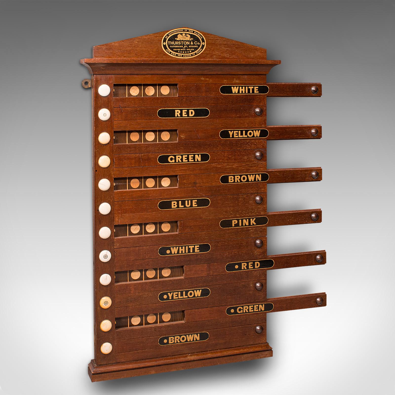 This is an antique life pool scoreboard. An English, mahogany 12 player board by Thurston & Co, dating to the late Victorian period, circa 1900.

Charming scoreboard for the 19th century pocket billiards game of Life Pool
Displaying a desirable