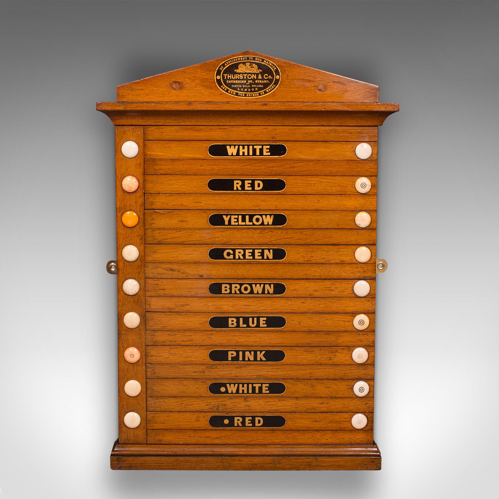 Antikes Life Pool Scoreboard, englisch, Eiche, 9spieler, Thurston and Co, viktorianisch (Britisch) im Angebot