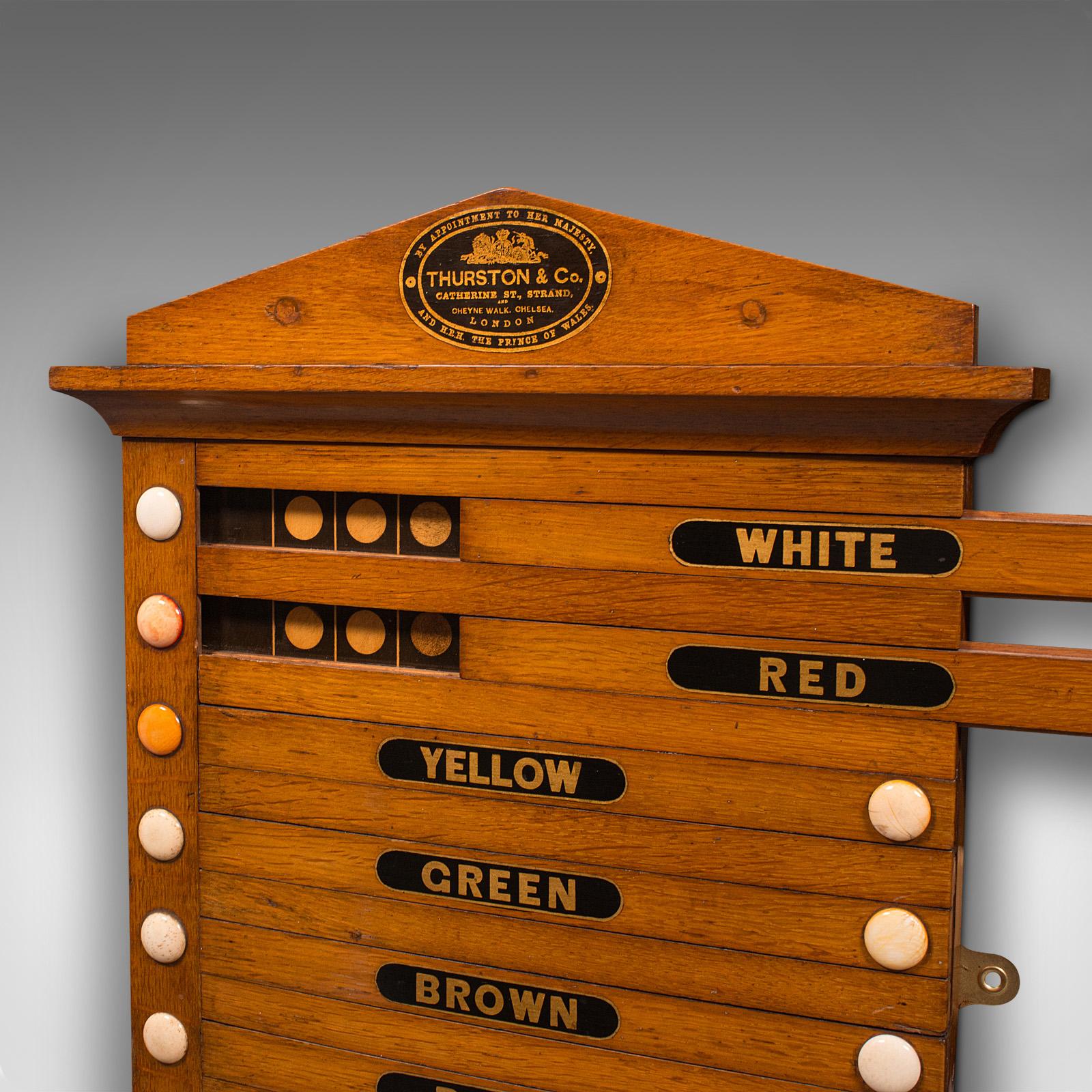 19th Century Antique Life Pool Scoreboard, English, Oak, 9 Player, Thurston and Co, Victorian For Sale
