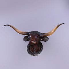 Antique Life Size Advertising Papier Mache Texas Long Horned Cow Mount, c1920