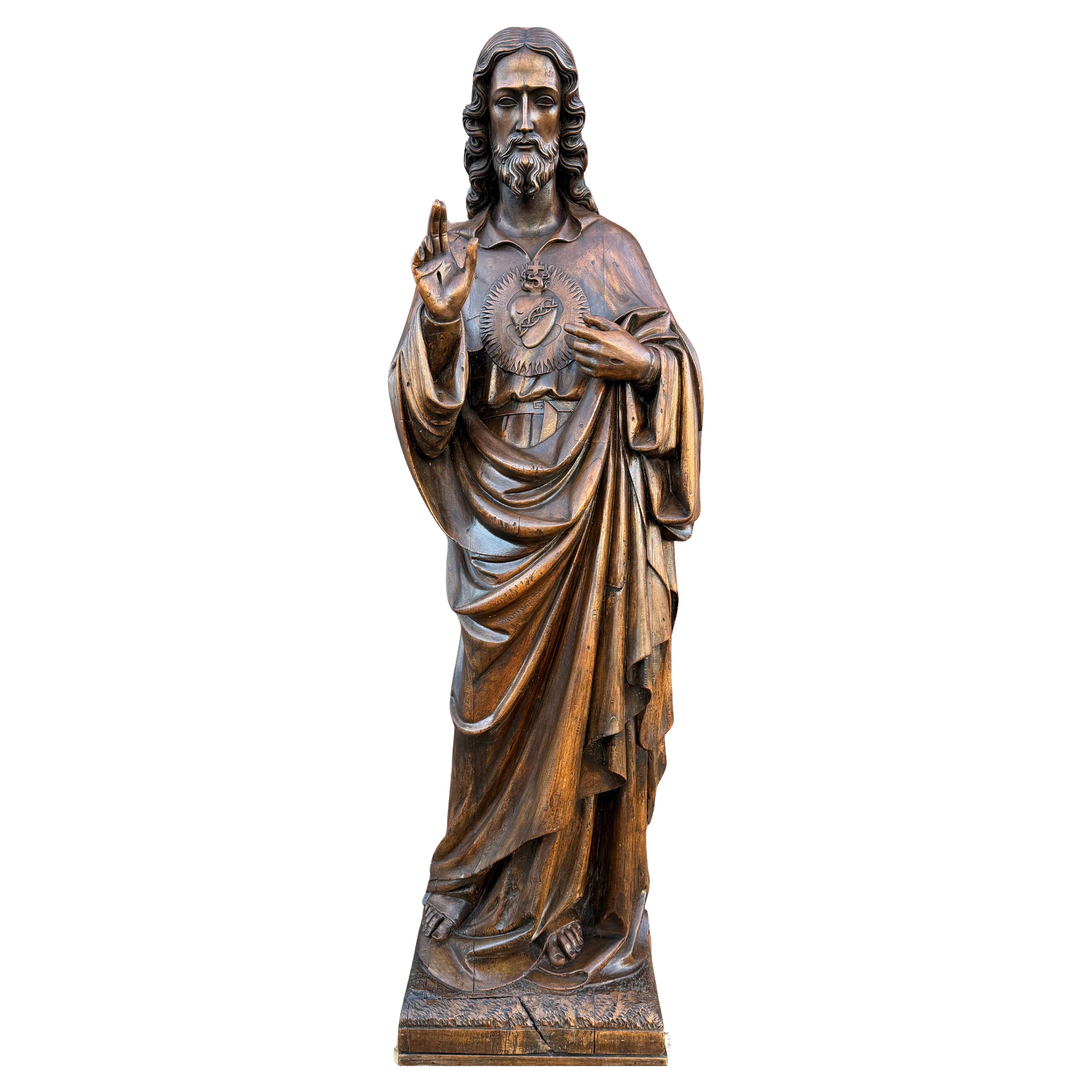 Antique Life-Size Hand-Carved Church Sculpture of Jesus Christ, Sacred Heart For Sale