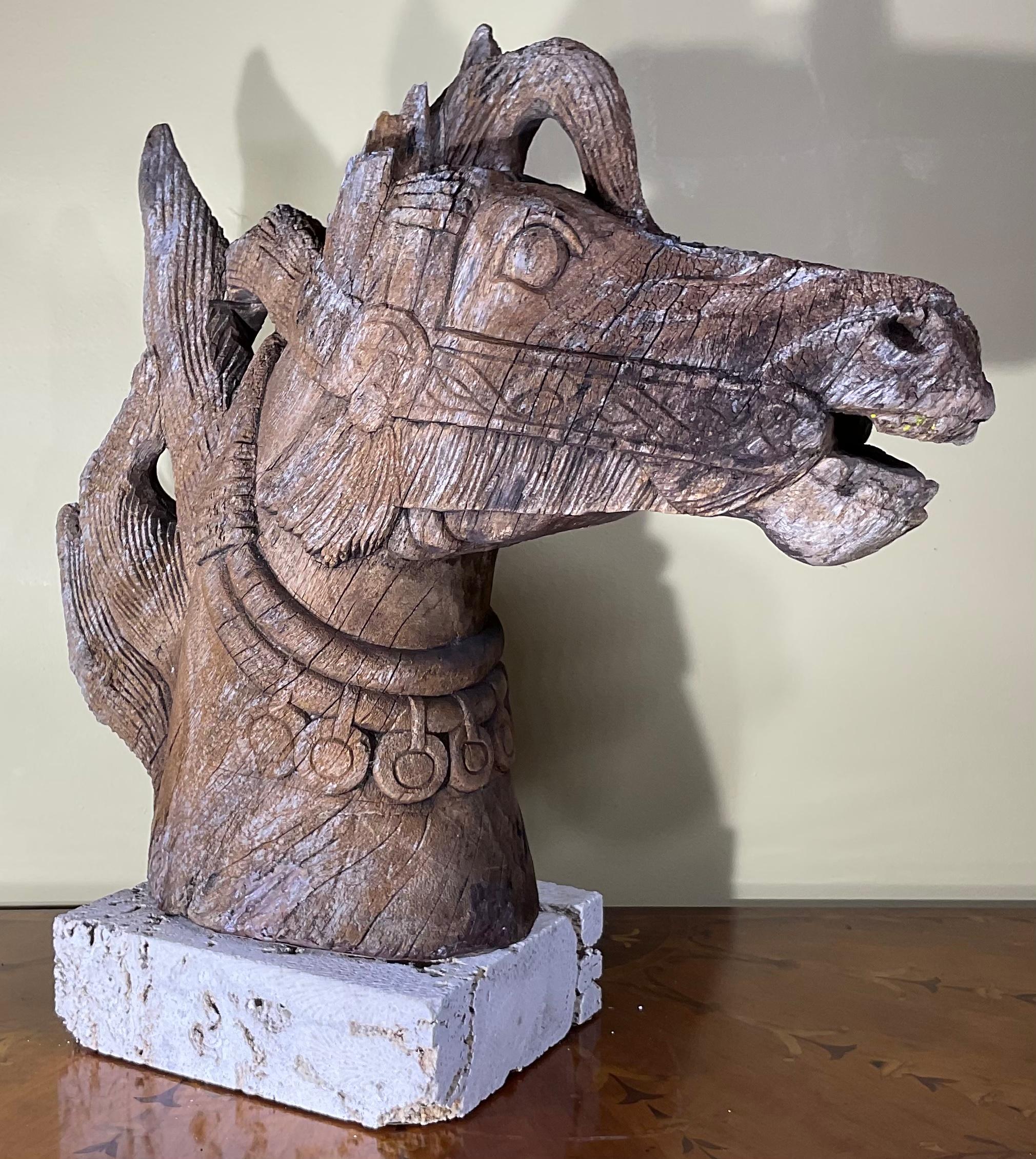 Antique Life Size Hand Carved Wood Horse Head Sculpture In Good Condition In Delray Beach, FL