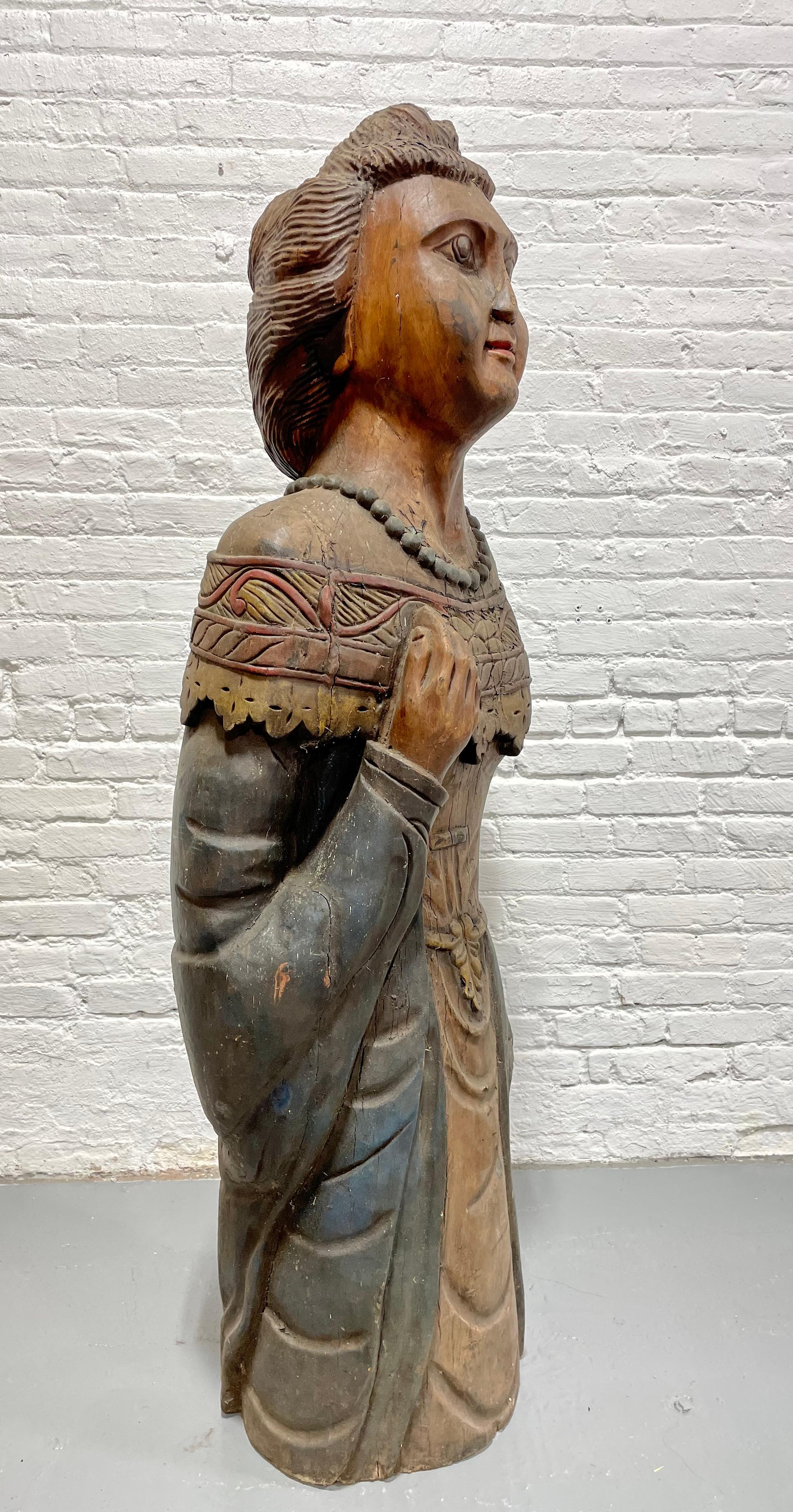 Hand-Carved ANTIQUE Life Size Solid Wood Hand CARVED WOMAN Sculpture / Statue For Sale