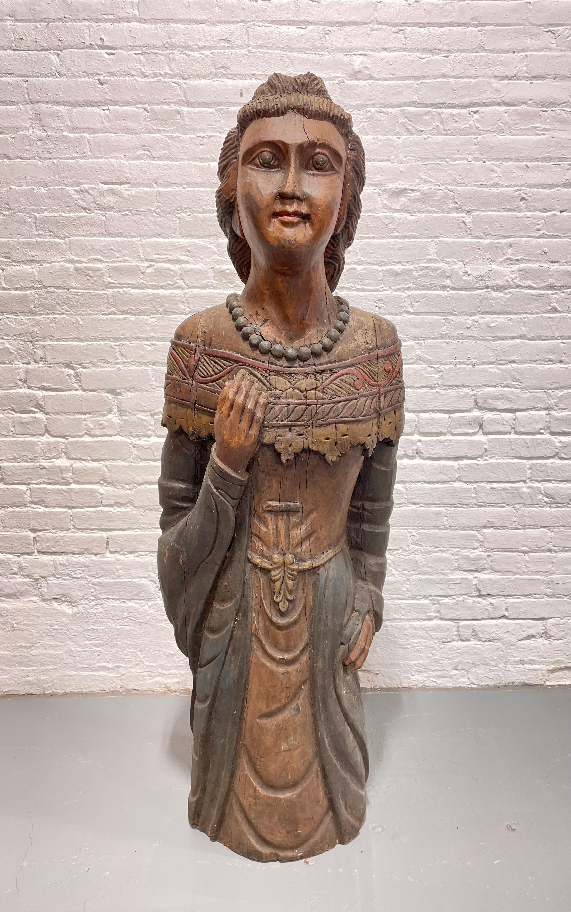 19th Century ANTIQUE Life Size Solid Wood Hand CARVED WOMAN Sculpture / Statue For Sale