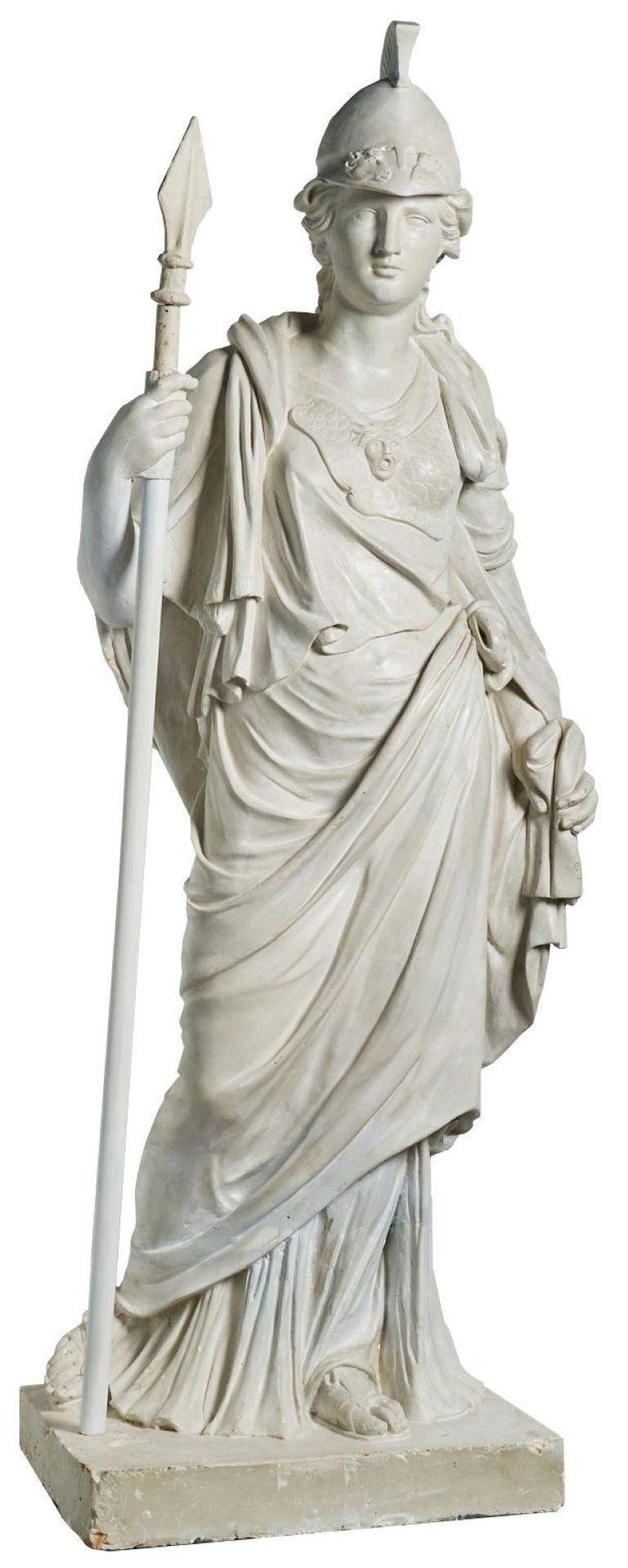 Antike lebensgroße Statue der Minerva. Eine bemalte Gipsfigur der Minerva, nach John Cheere. John Cheere war ein englischer Bildhauer, der in London geboren wurde und der Bruder des Bildhauers Sir Henry Cheere war. Dieses Modell der Minerva wurde