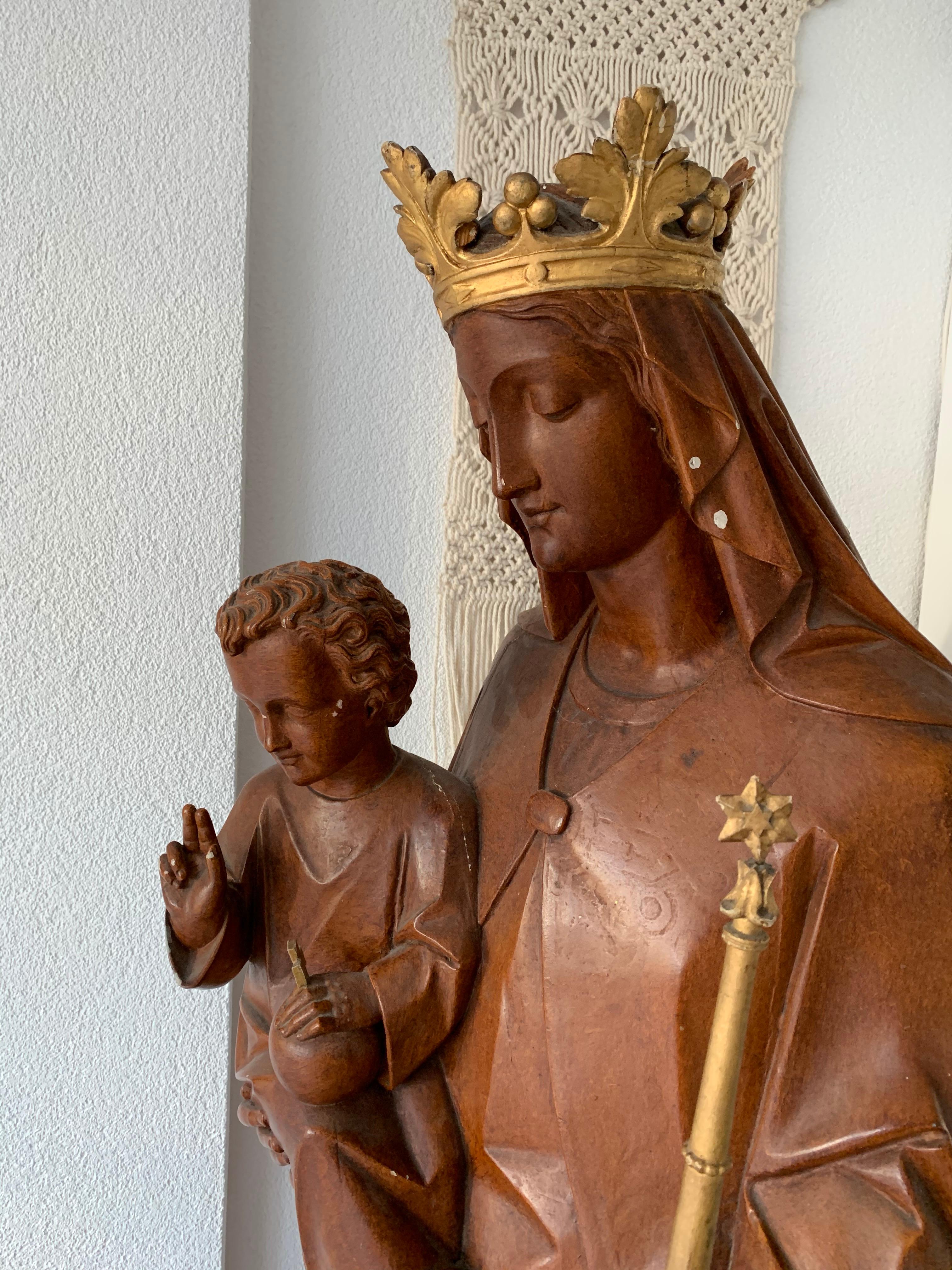 Antique Lifesize Crowned Mother Mary and Child Jesus Gothic Revival Sculpture For Sale 3