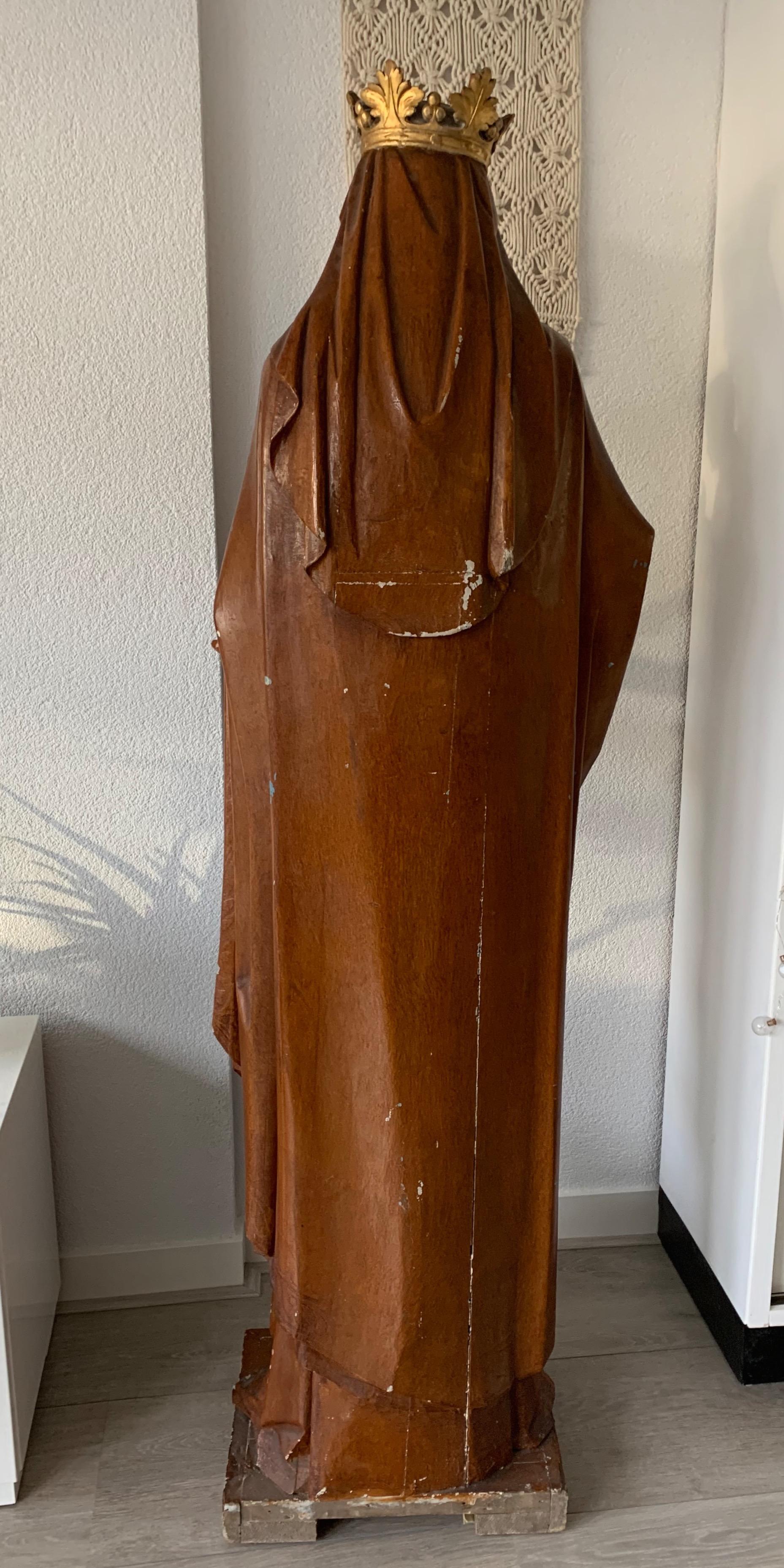 Antique Lifesize Crowned Mother Mary and Child Jesus Gothic Revival Sculpture For Sale 5
