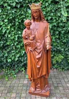 Antique Lifesize Crowned Mother Mary and Child Jesus Gothic Revival Sculpture