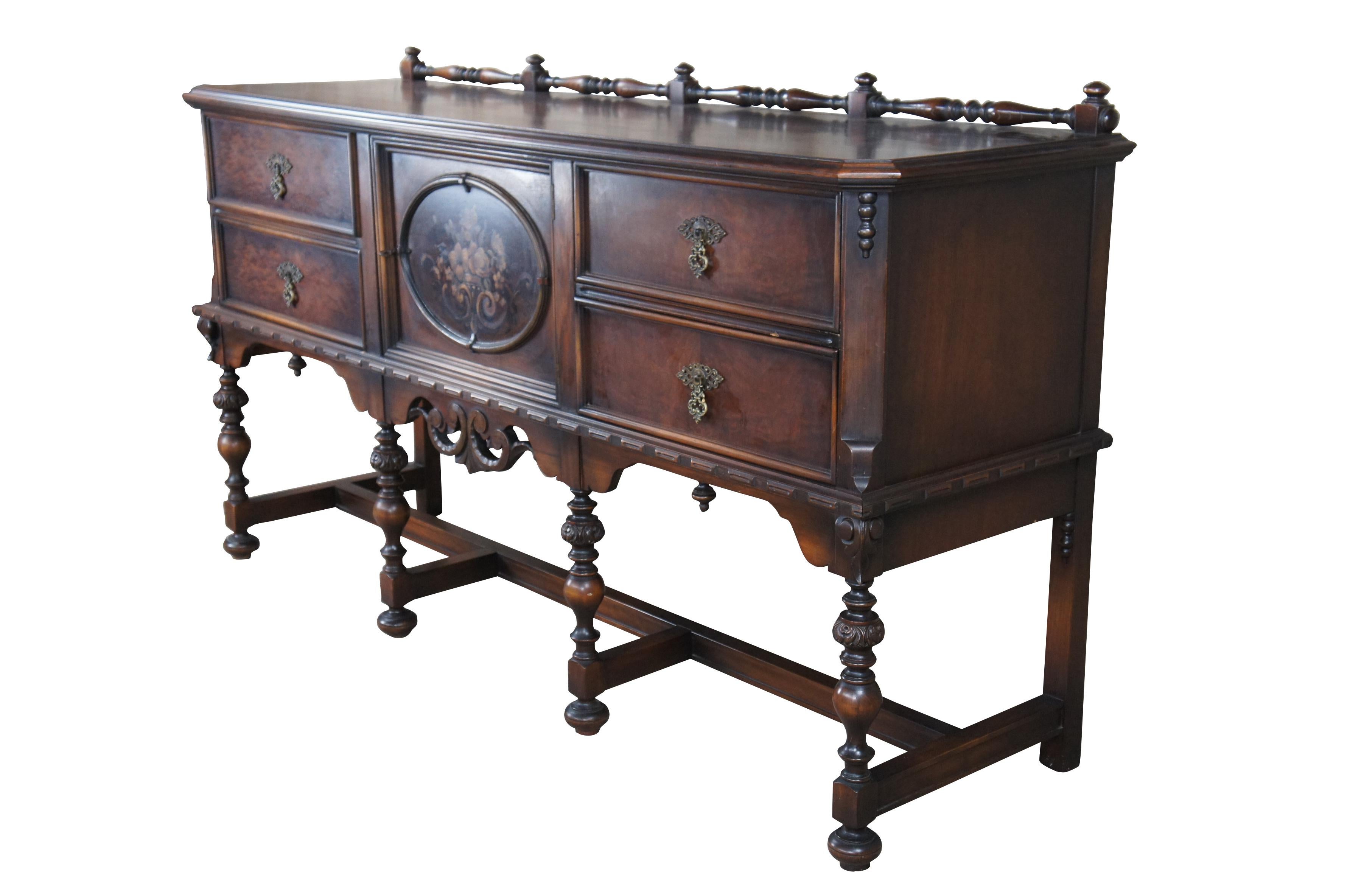 Antique Life Time Furniture early 20th century buffet, sideboard, console or credenza.  Drawing inspiration from  Jacobean, Gothic and Spanish styling.  Made of walnut featuring rectangular form with chamfered corners terminating into rams tongue. 