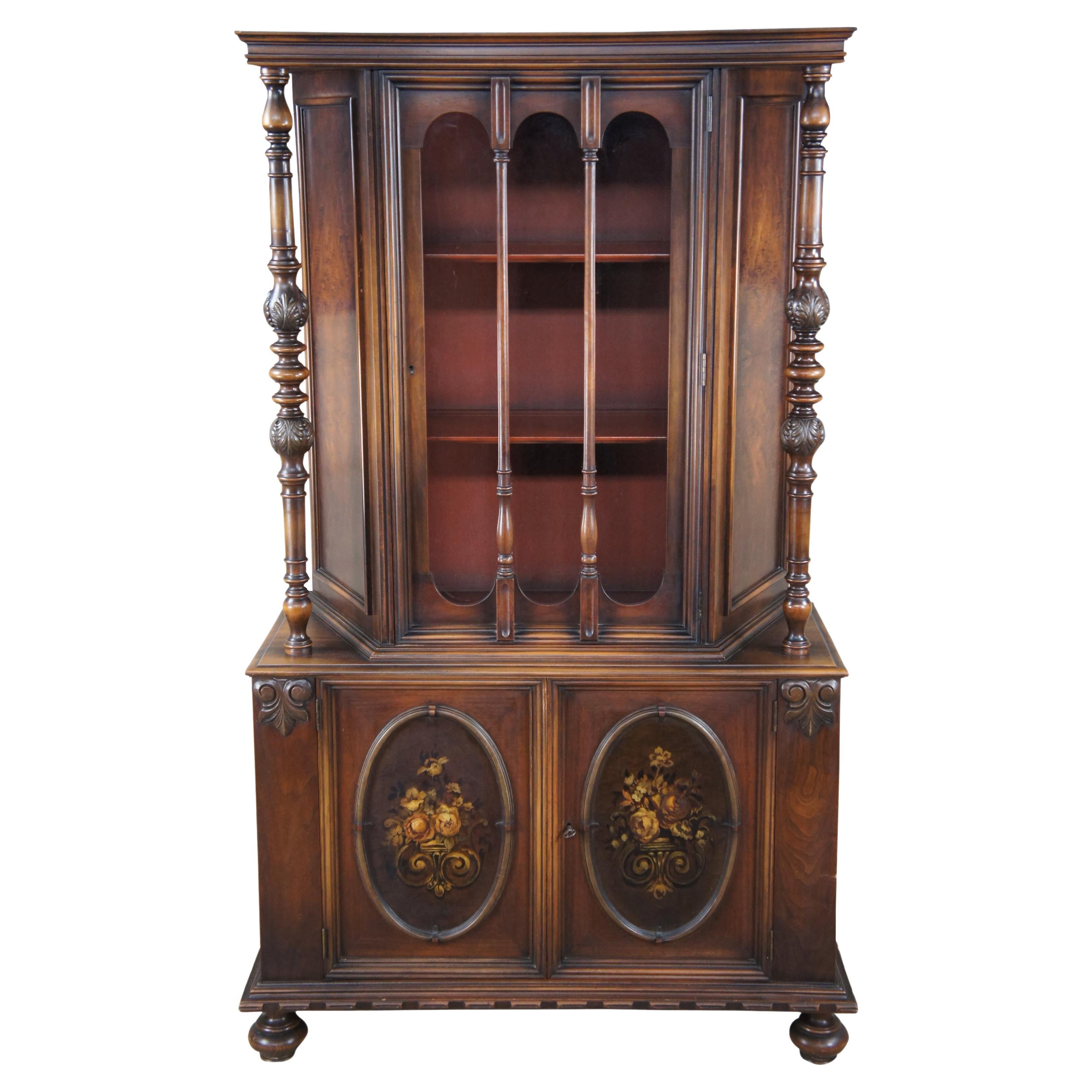 Antique Lifetime Furniture Jacobean Gothic Spanish Walnut China Cabinet Cupboard For Sale