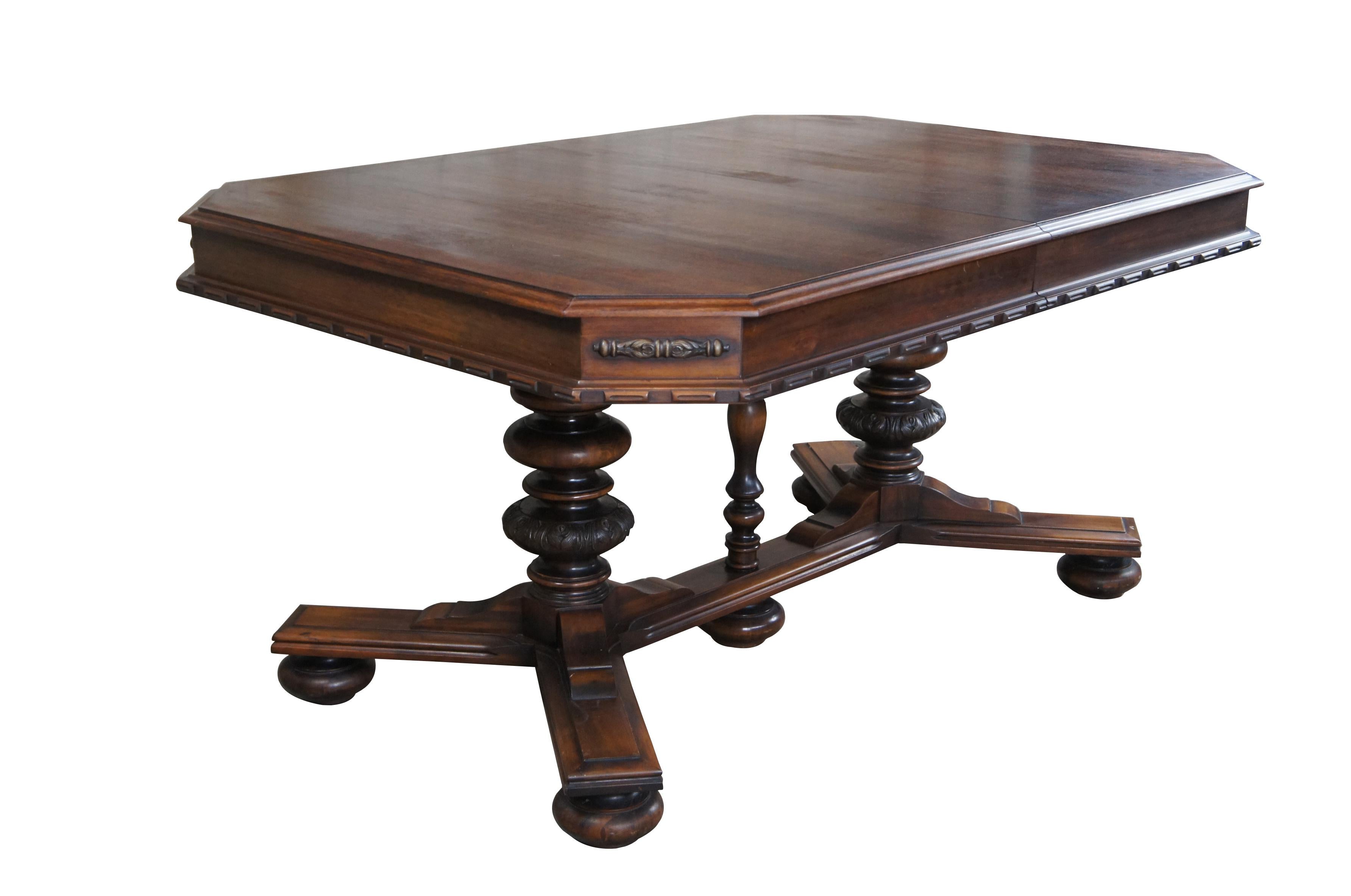 Antique Life Time Furniture Jacobean style dining table, circa early 20th century.  Made from walnut with cut corners and a notched apron over a turned and carved trestle base supported by robust bun feet.

In the late 19th century and early 20th