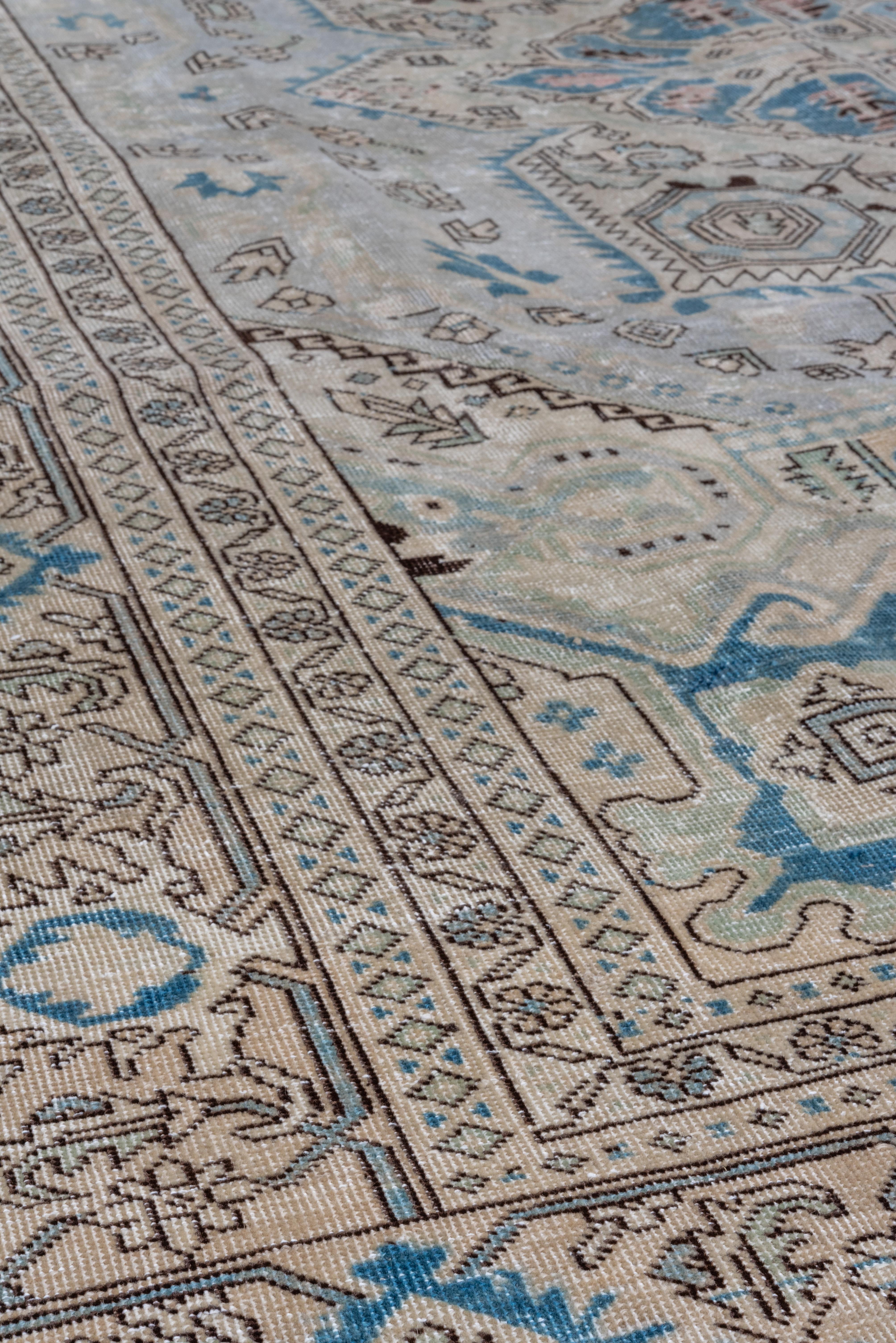 Heriz Serapi Antique Light Blue Field Turkish Sivas Rug, Green and Royal Blue Accents For Sale