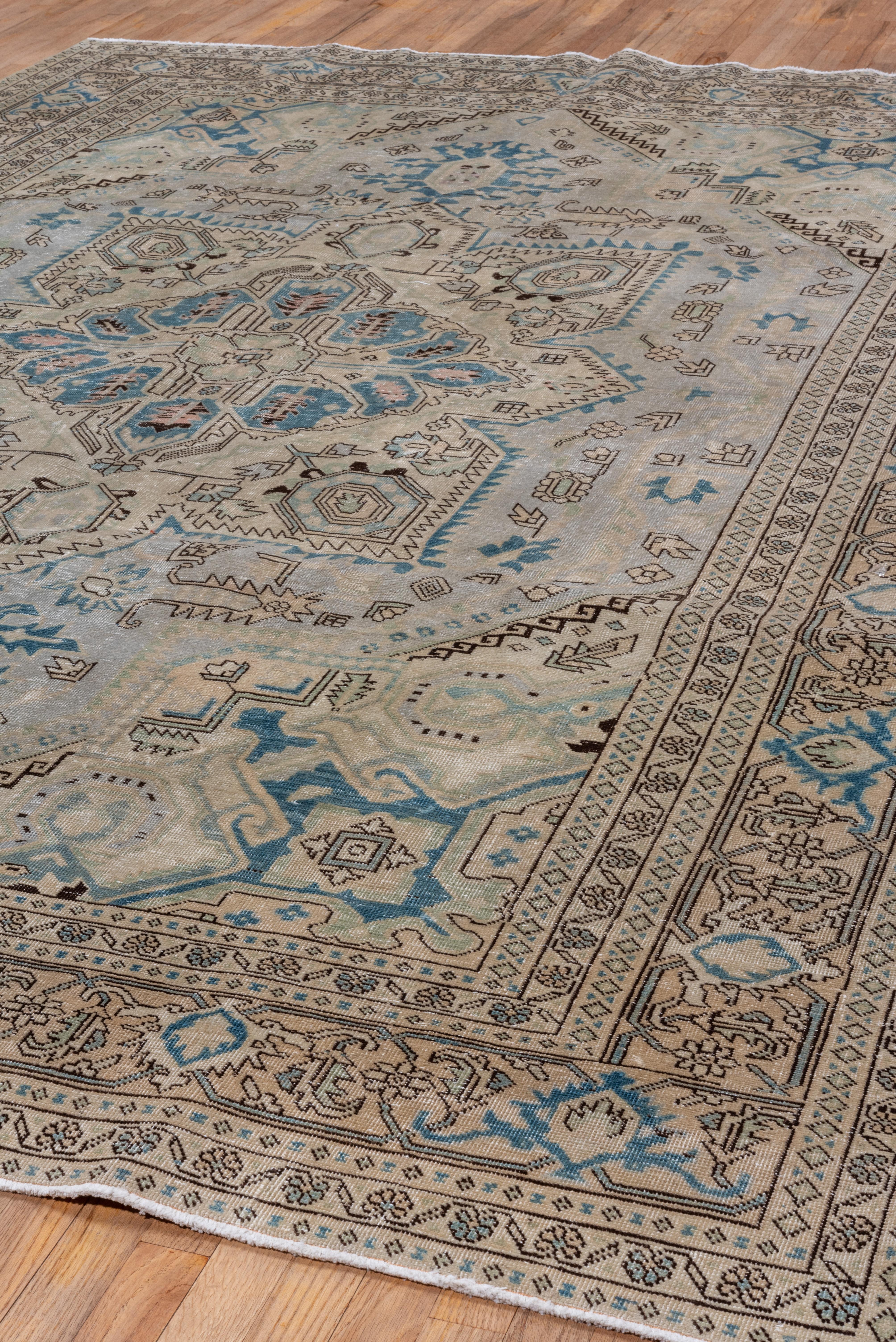 Hand-Knotted Antique Light Blue Field Turkish Sivas Rug, Green and Royal Blue Accents For Sale