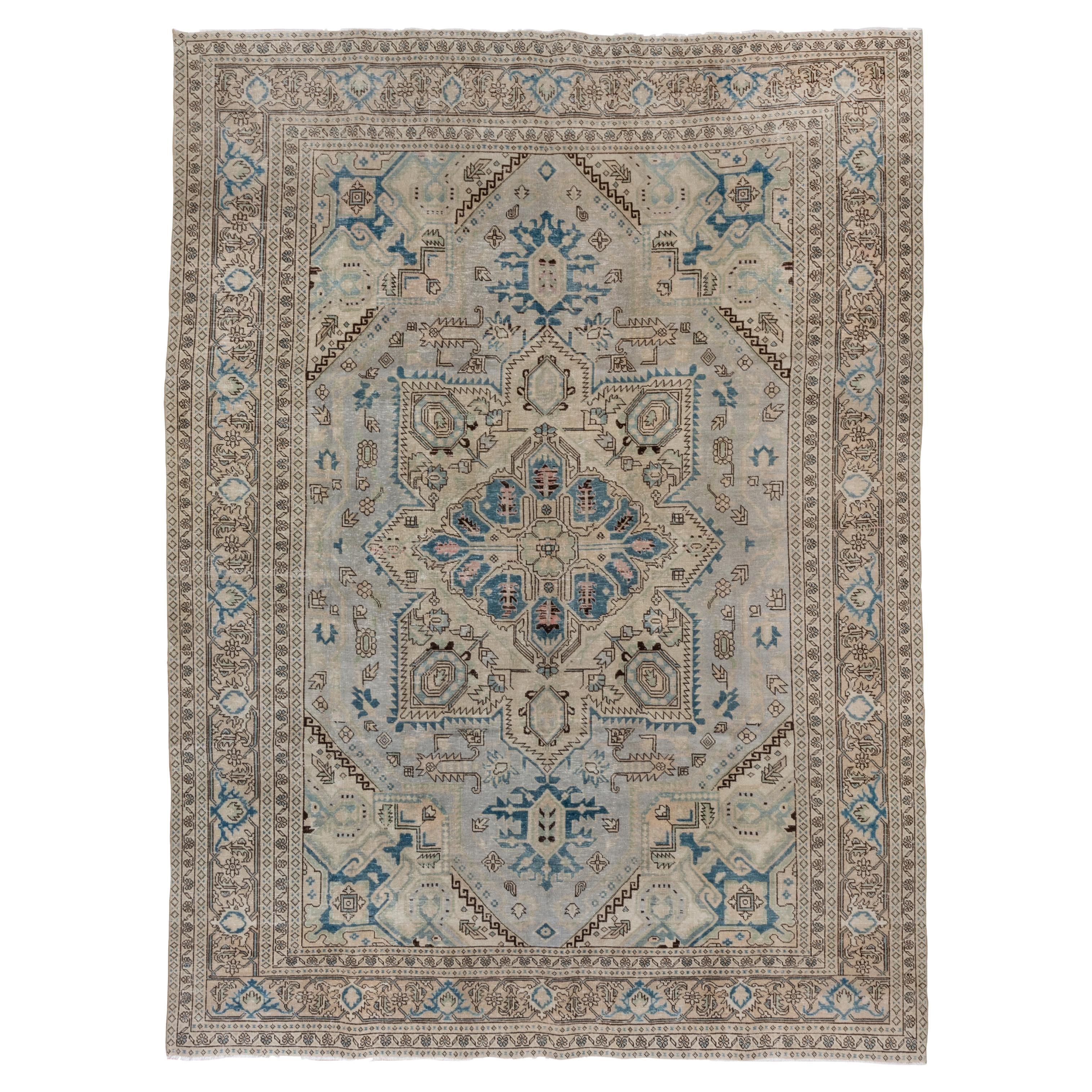 Antique Light Blue Field Turkish Sivas Rug, Green and Royal Blue Accents For Sale