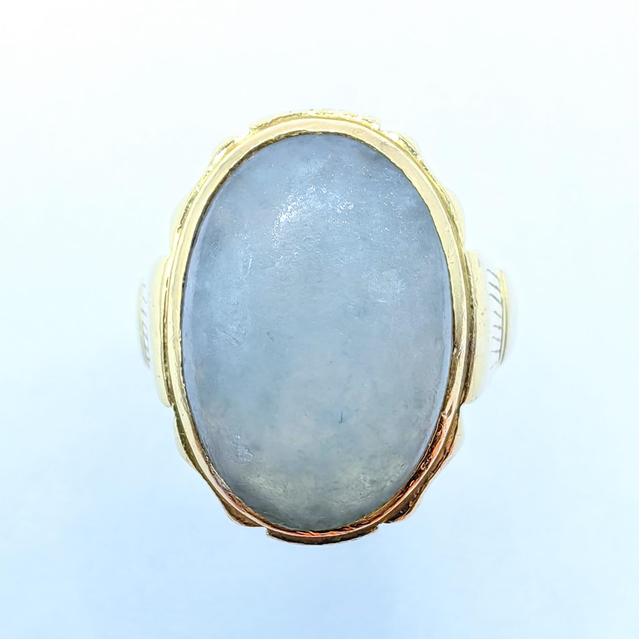 Timeless elegance meets natural beauty in this antique-style dome ring, featuring a light bluish-green oval cabochon nephrite jade set in luxurious 18k yellow gold. The cabochon cut showcases the jade's natural translucency and subtle color