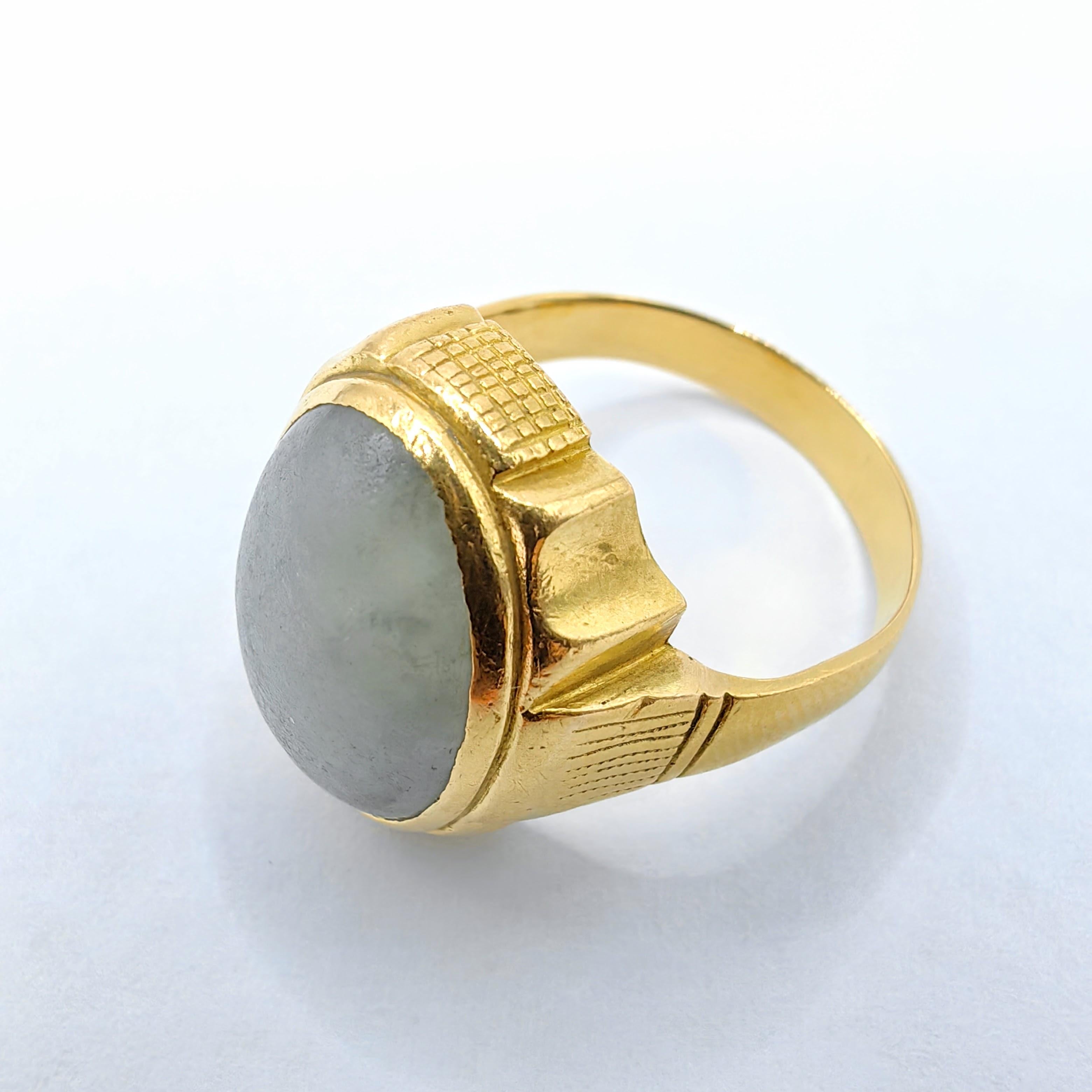 Contemporary Antique Light Bluish-Green Oval Cabochon Nephrite Jade 18k Yellow Gold Dome Ring For Sale