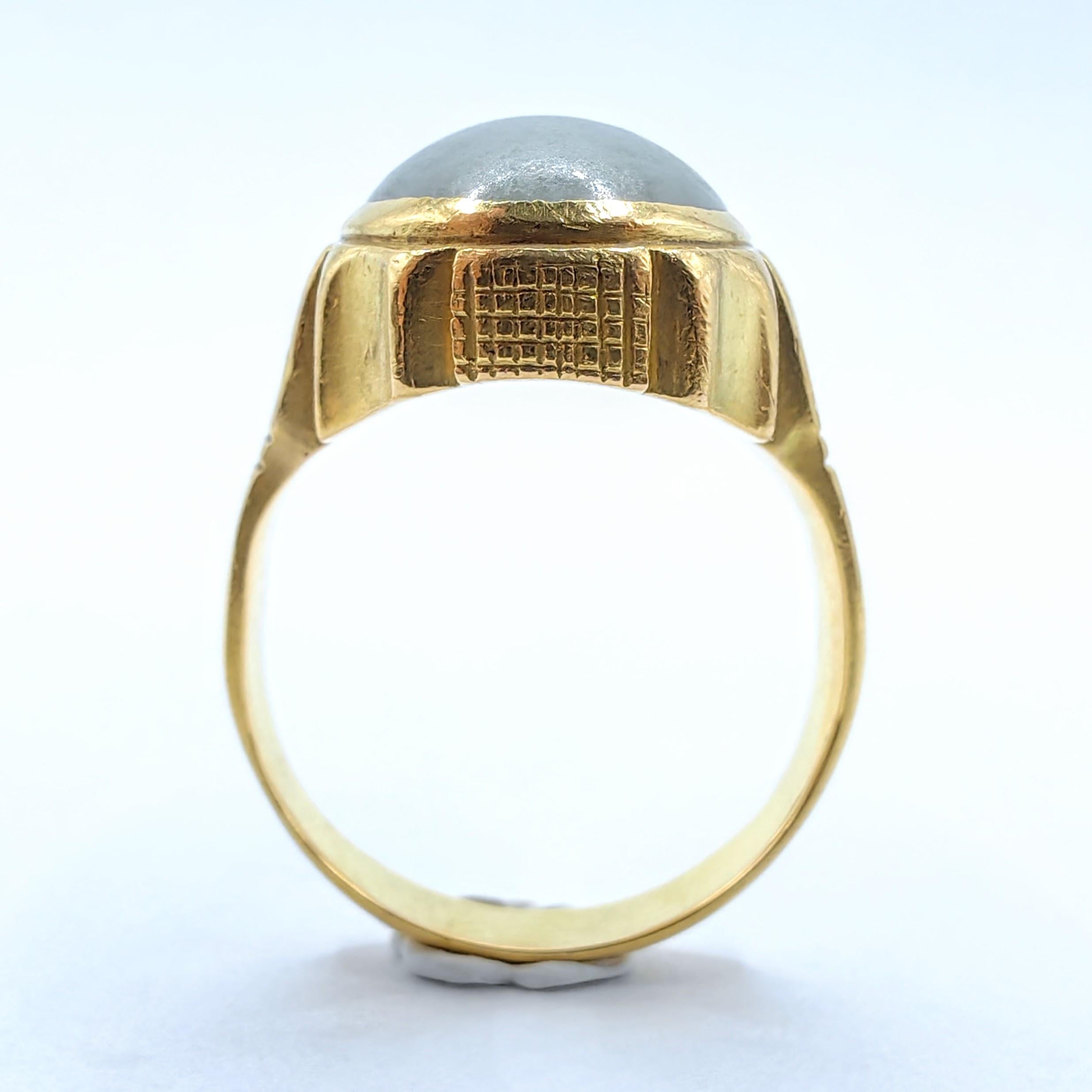 Oval Cut Antique Light Bluish-Green Oval Cabochon Nephrite Jade 18k Yellow Gold Dome Ring For Sale