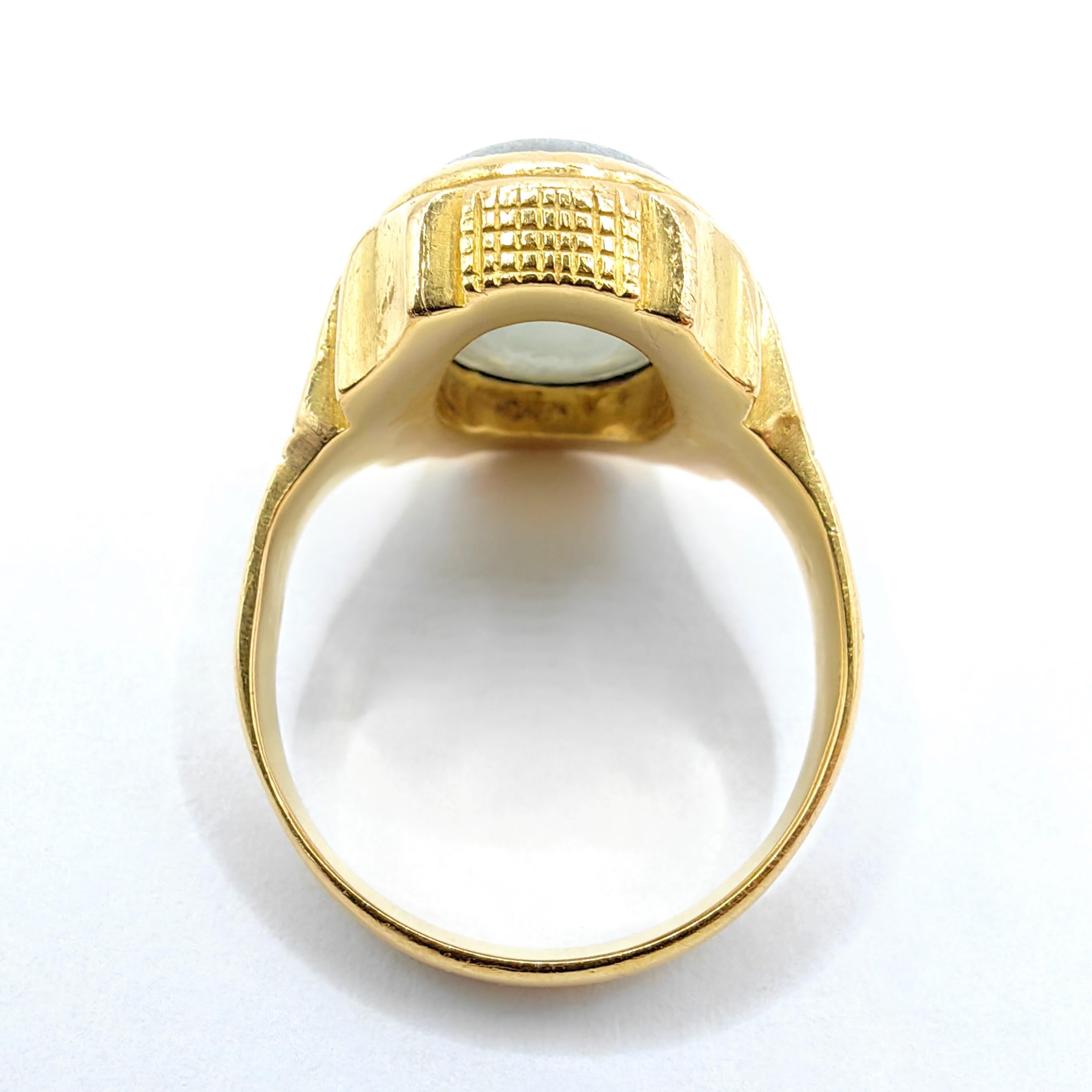 Antique Light Bluish-Green Oval Cabochon Nephrite Jade 18k Yellow Gold Dome Ring In Good Condition For Sale In Wan Chai District, HK