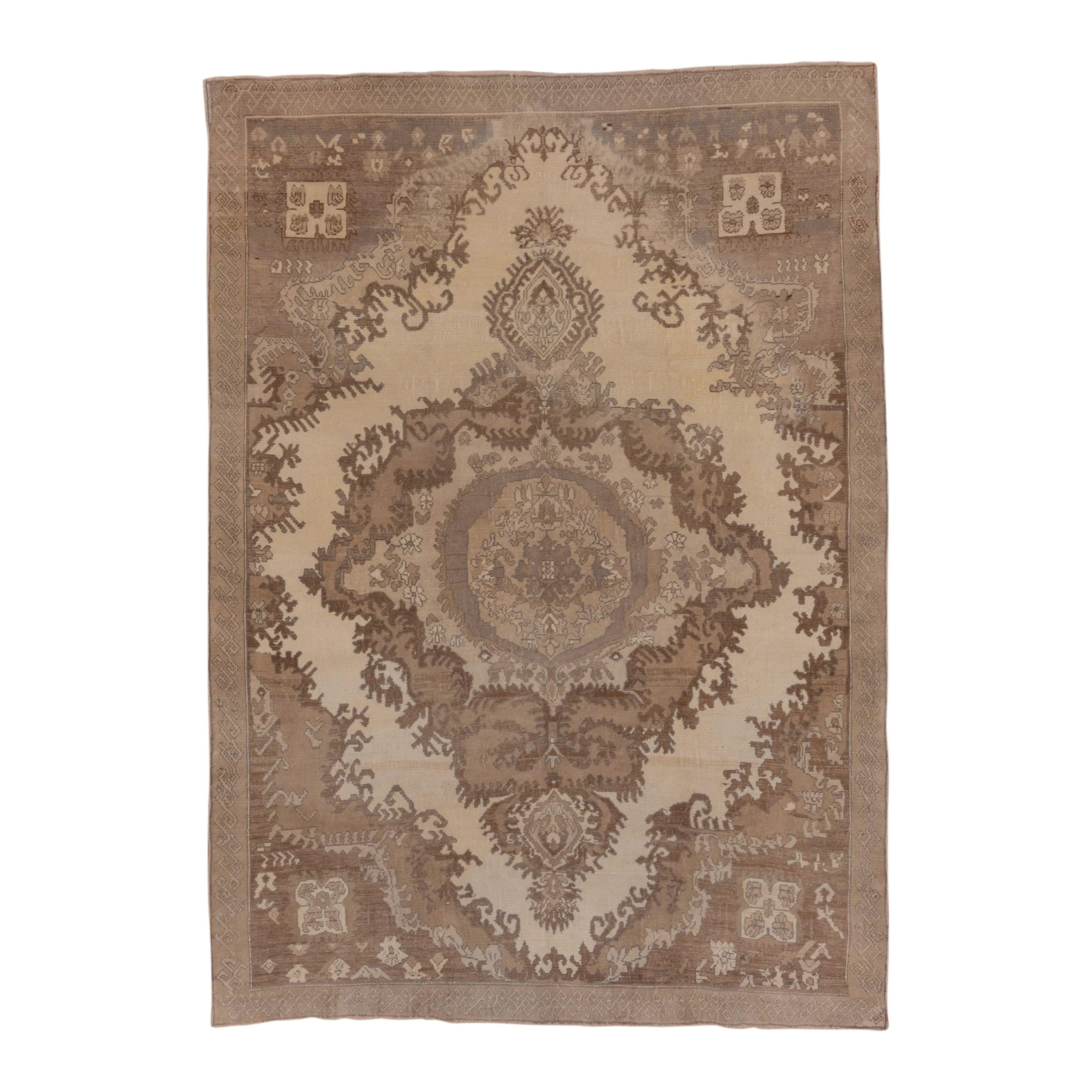 Vintage Turkish Rug with Coral Field and Light Green Center Medallion