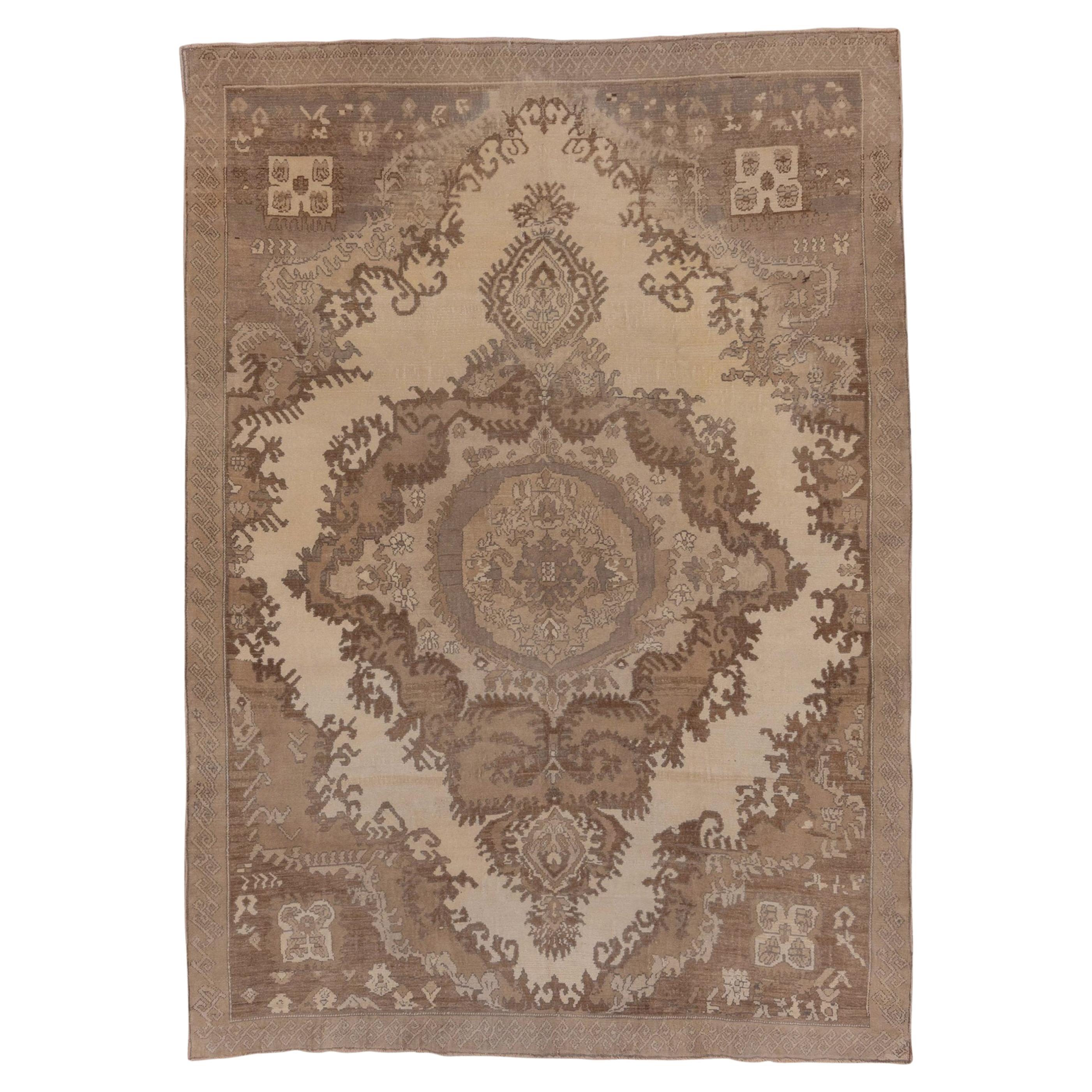 Antique Light Brown Turkish Oushak Rug with Medallion, Cream Field For Sale