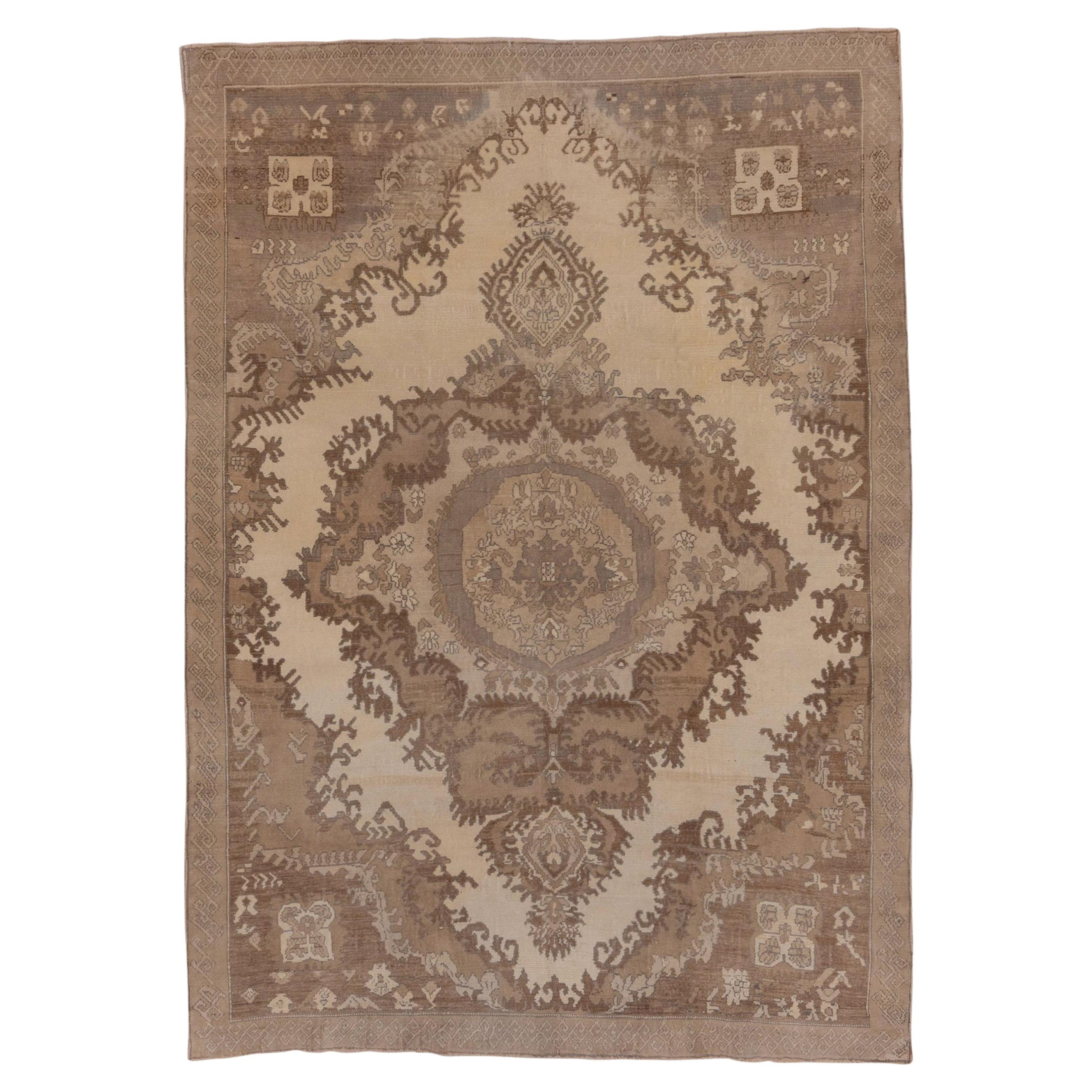 Antique Light Brown Turkish Oushak Rug with Medallion, Cream Field