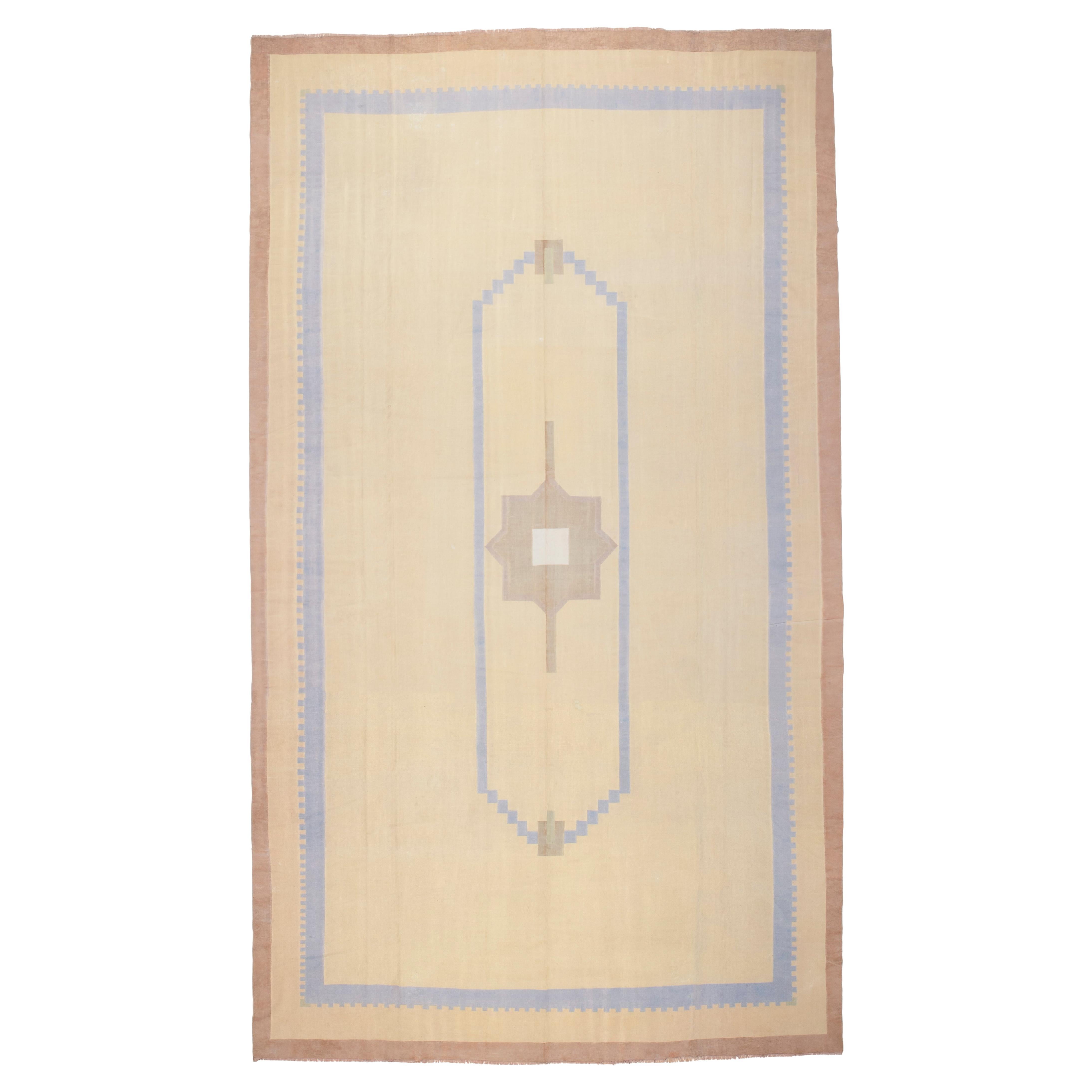 Antique Light Celadon Green Room Size Cotton Dhurrie Rug For Sale