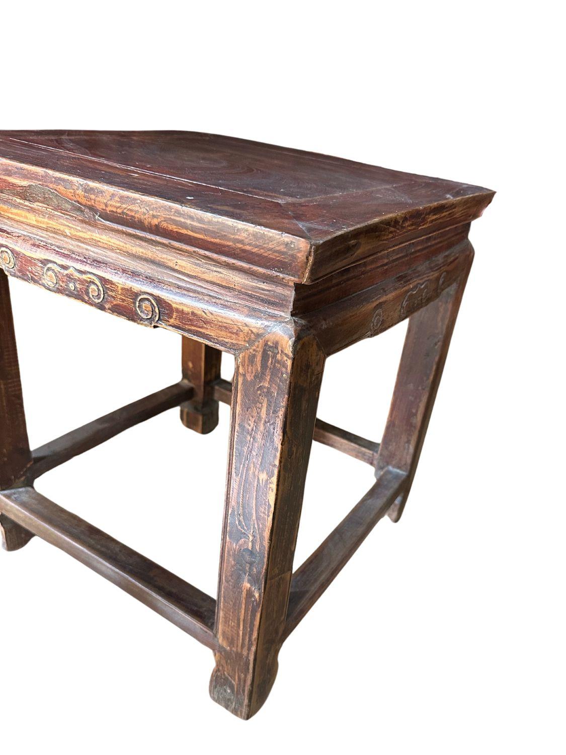 Hand-Carved Antique Qing Dynasty Light Elm Wood Stool For Sale