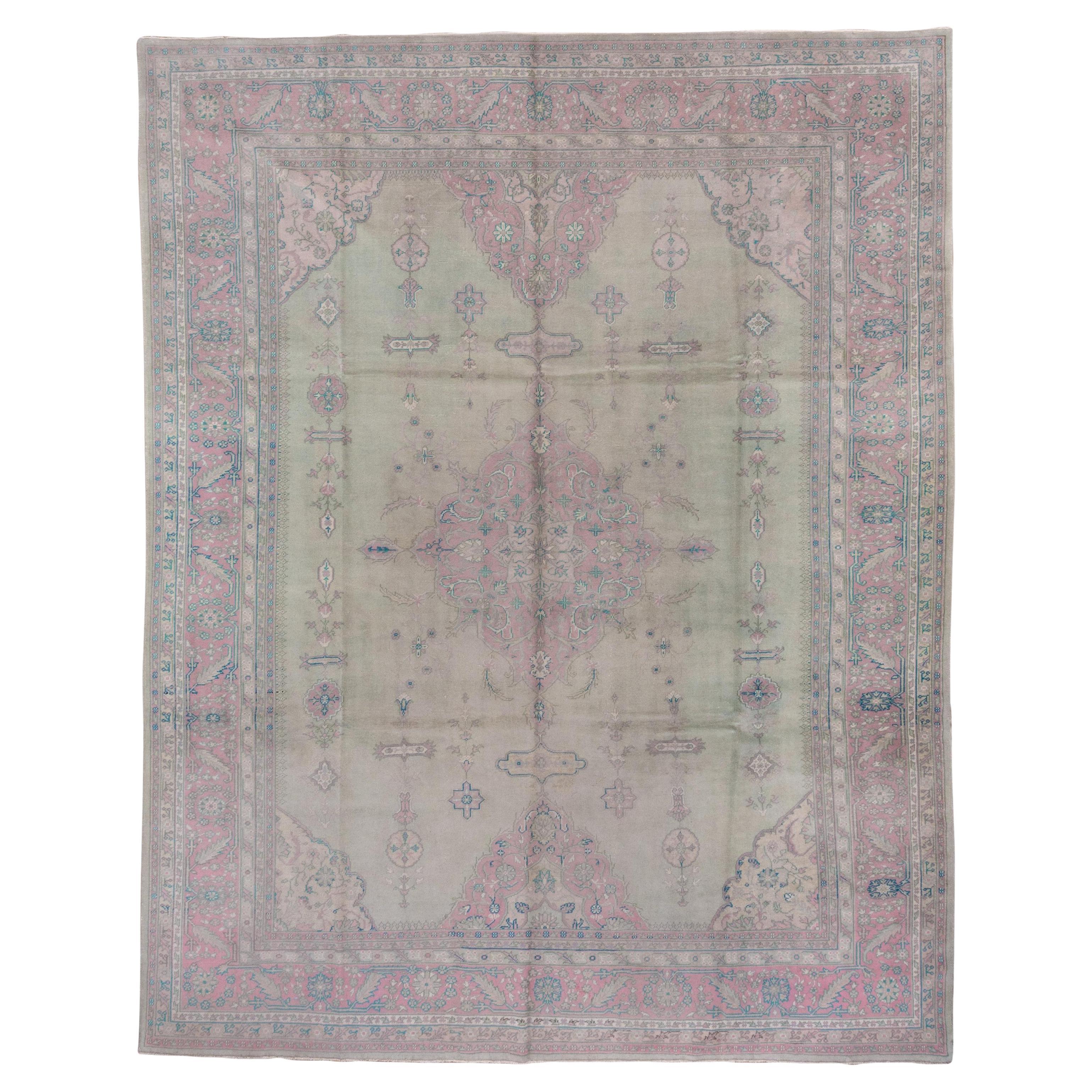 Antique Light Green Turkish Oushak Carpet For Sale