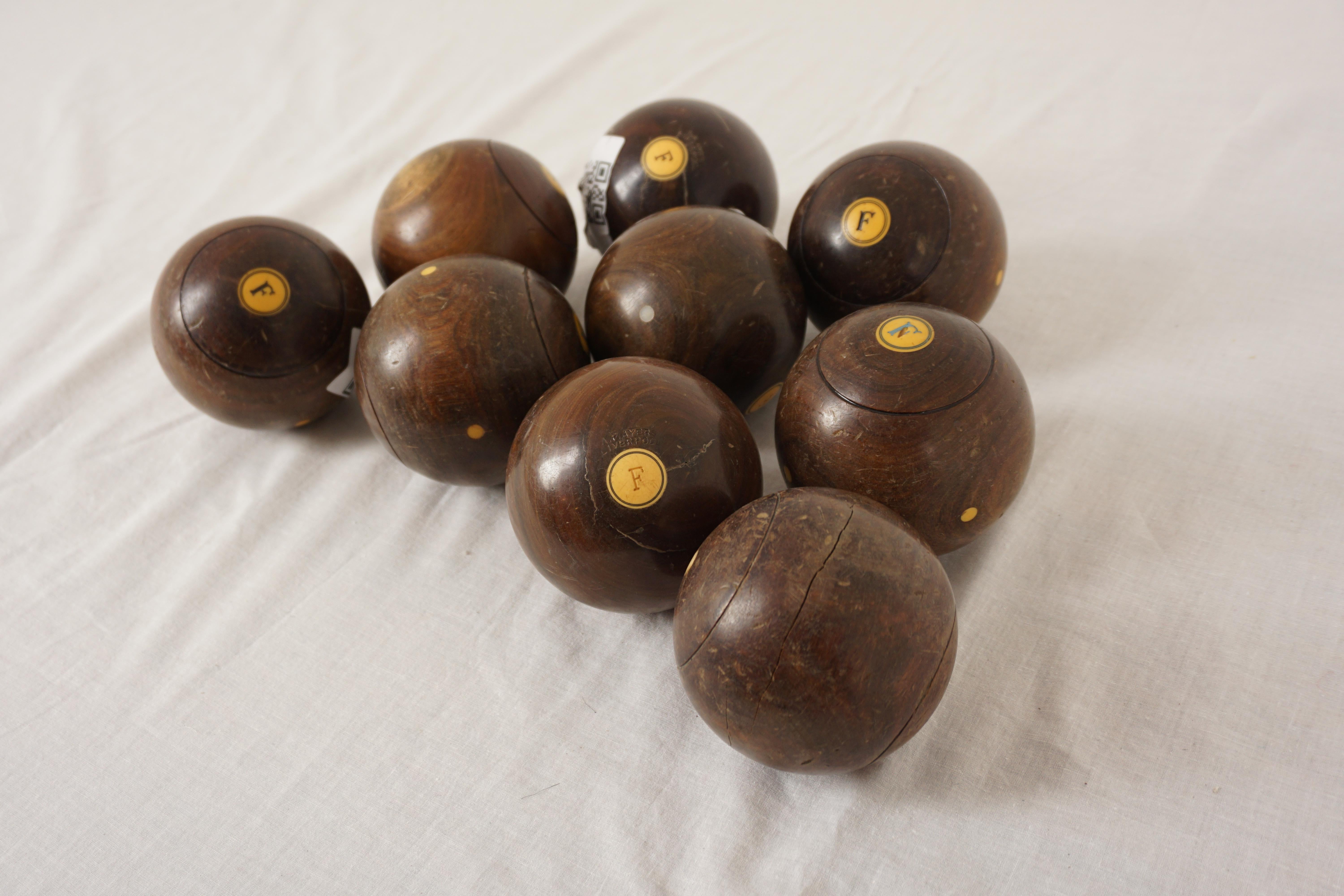 Antique Lignum Vital Balls, Collection of 11 Victorian Indoor Carpet Balls, Antique Toys, Scotland 1870, H1144

+ Scotland 1870
+ Solid lignum vitae
+ Original finish
+ All in wonderful condition
+ With the letter F on both sides of all