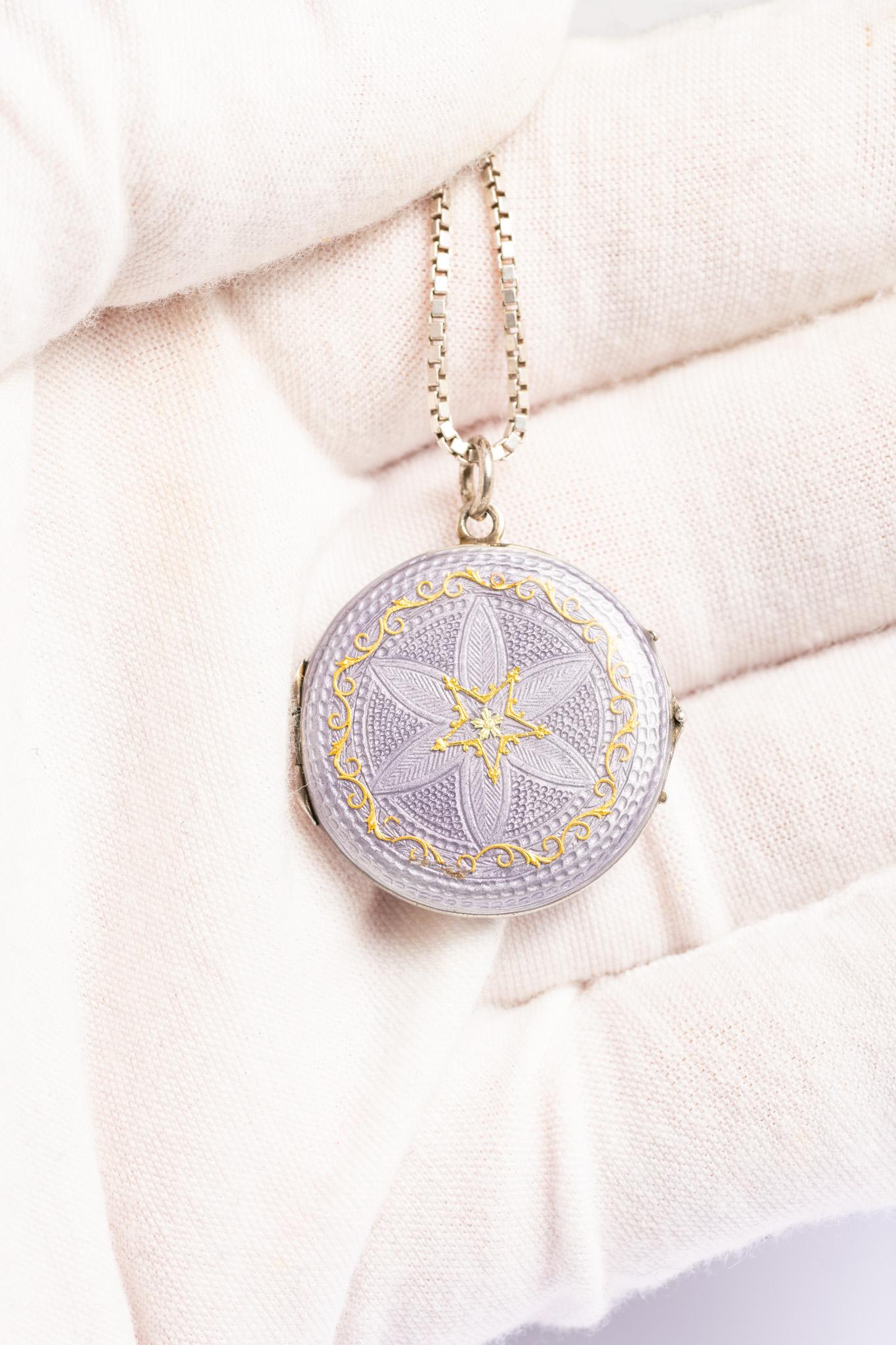 Art Nouveau Antique Lilac and Gold Guilloche Enamel Silver Locket Necklace