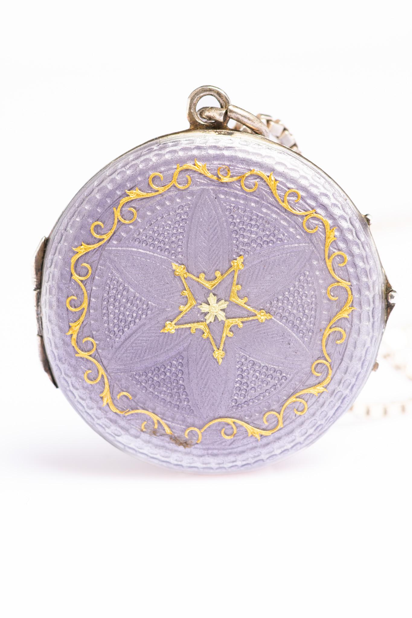 Antique Lilac and Gold Guilloche Enamel Silver Locket Necklace In Good Condition In Portland, England