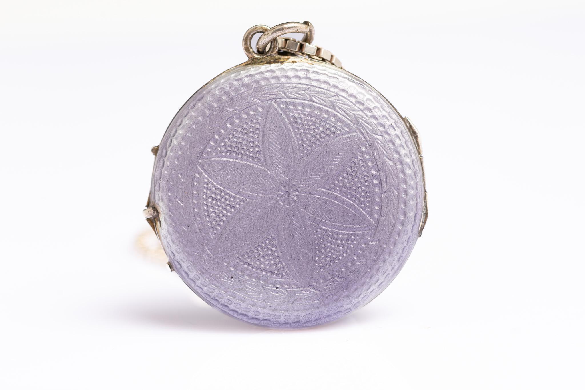 Women's or Men's Antique Lilac and Gold Guilloche Enamel Silver Locket Necklace